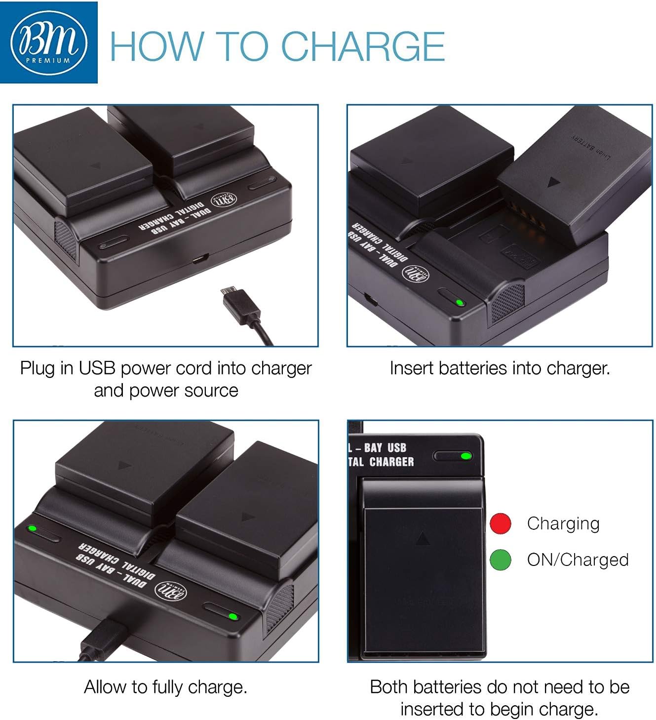 BM Premium 2 Pack of Fully Decoded BL-H1 Batteries and Dual Bay Charger Kit for Olympus OM-D E-M1 Mark II, E-M1 Mark III, E-M1X, BCH-1, HLD-9 Cameras