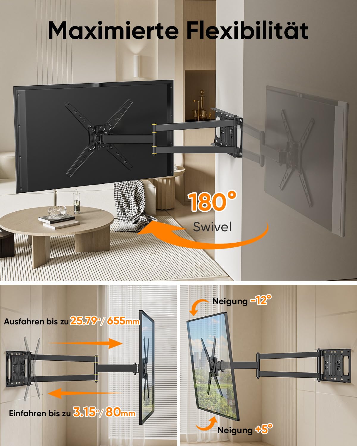 TV Wandhalterung mit 655mm Langem Arm für 13-50 Zoll Fernseher oder Monitor, 180° Drehung Fernsehhalterung Wand Schwenkbar Volle Bewegung Monitor Wand Halterung bis zu 35kg max. VESA 300x300mm
