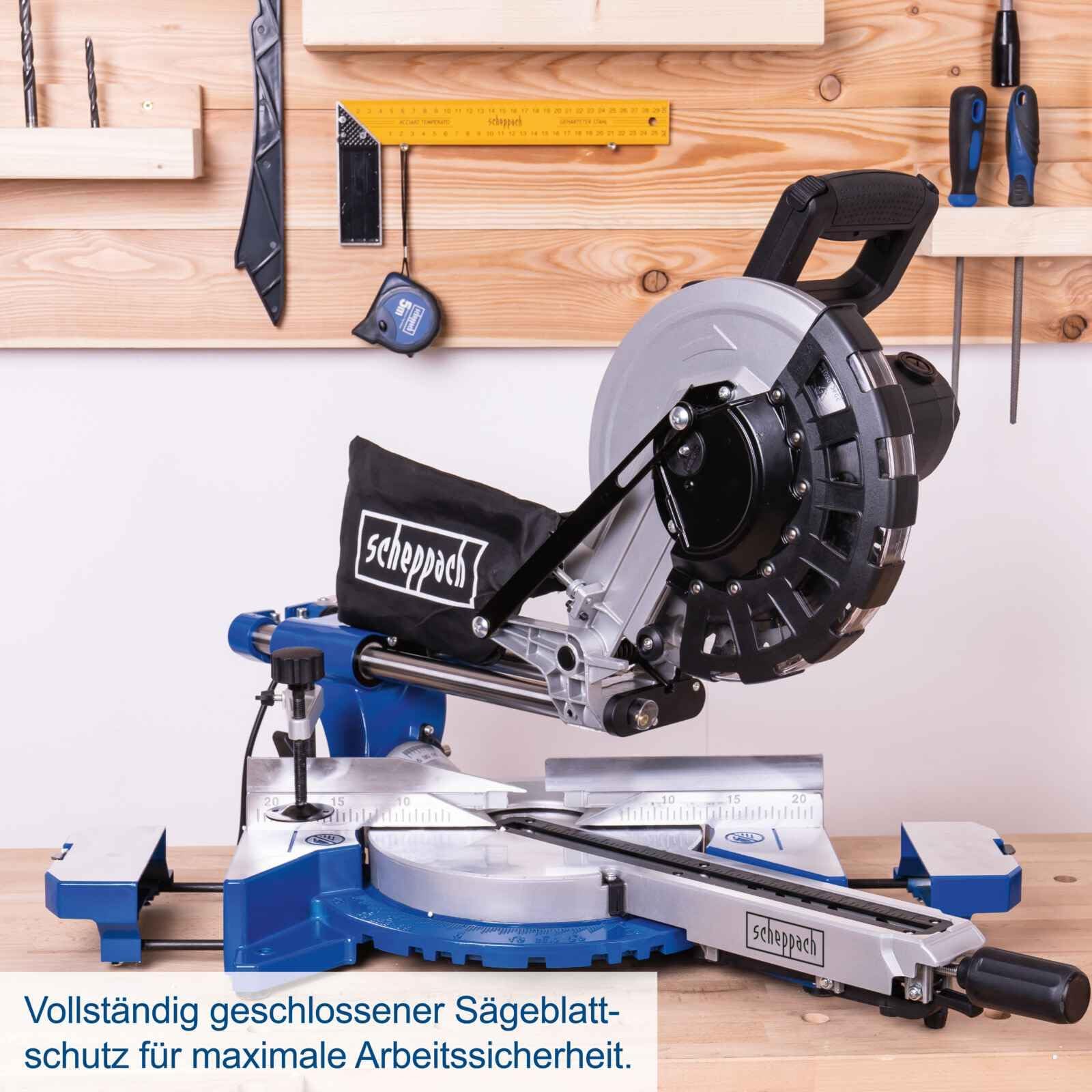 Scheppach Scie à onglets avec démarrage progressif & laser HM254 | 2000W | Lame Ø255mm | Largeur/hauteur de coupe : 340mm x 90mm |Scie radiale | 2ème lame incluse | Avec support UMF2000