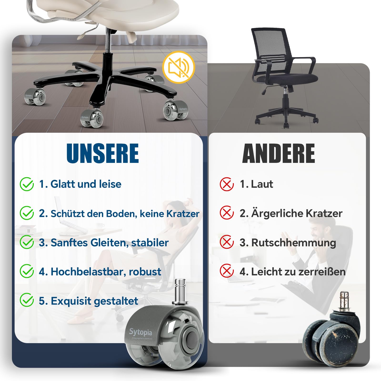 Ruote Sedia Ufficio HOLKIE Per Pavimento Duro – Set 5 Rotelle In Gomma PU, Diametro Albero 11 Mm, Capacità 200 Kg