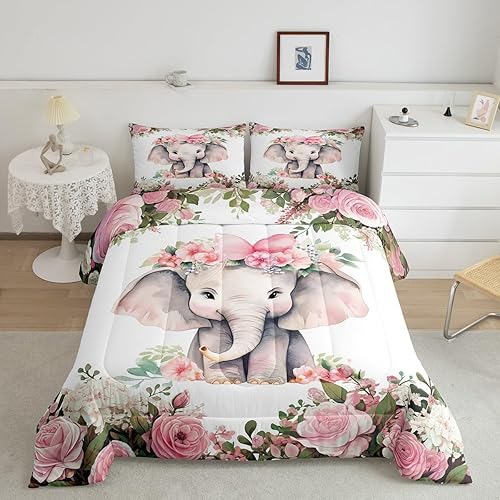 Miniatura 2 de Juego de edredón de elefante lindo para niños, ropa de cama de flores de cerezo rosa, tamaño individual, juegos de ropa de cama y colecciones de