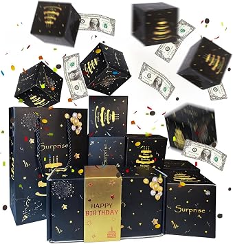 Birthday Surprise Money Explosion Box,Black Gold Pop Up Cash Gift Box 10Pcs Exploding Bo x with Confetti,Folding Bouncing Cash Boxes Funny Money Boxes for Cash Gift 18th Birthday Gifts for Boys