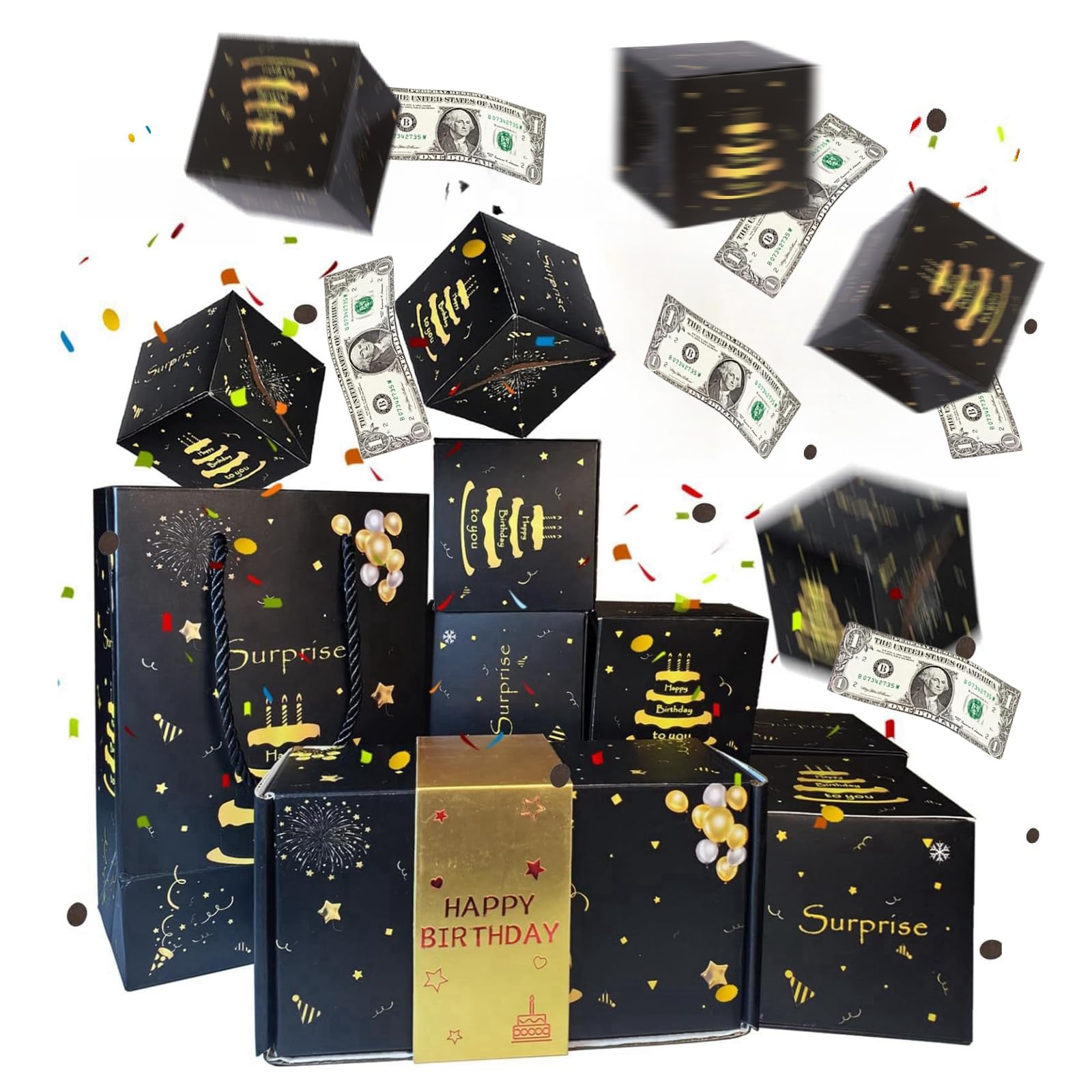 Muiltvoe Boys Black Gold Birthday Surprise Money Explosion Box, Pop Up Cash Gift Box 10Pcs Exploding Bo X With Confetti,Folding Bouncing Cash Boxes Funny Money Boxes For Cash Gift 18Th Birthday Gifts For