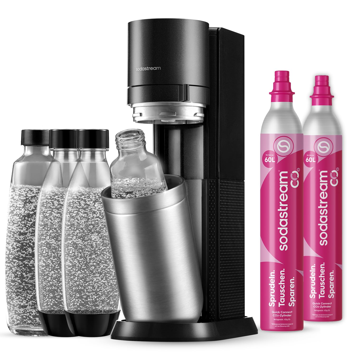 SodaStream – Duo Wassersprudler, inklusive 2x60-Liter CO2-Zylinder, 2x 1 Liter Glasflasche, 2x BPA-freie Flasche 1 Liter, spülmaschinengeeignet, umweltfreundlich & weniger Einweg-Plastikmüll, titan