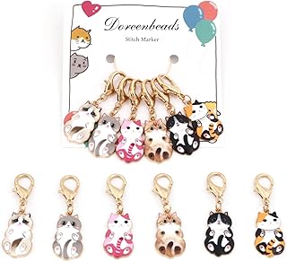 DoreenBeads 6Pcs Cat Stitch Marker Charms for Crocheting and Knitting, Locking Alloy Enamel Crochet Stitch Marker with Lobster Clasp Knitting Crocheting Accessories Gold