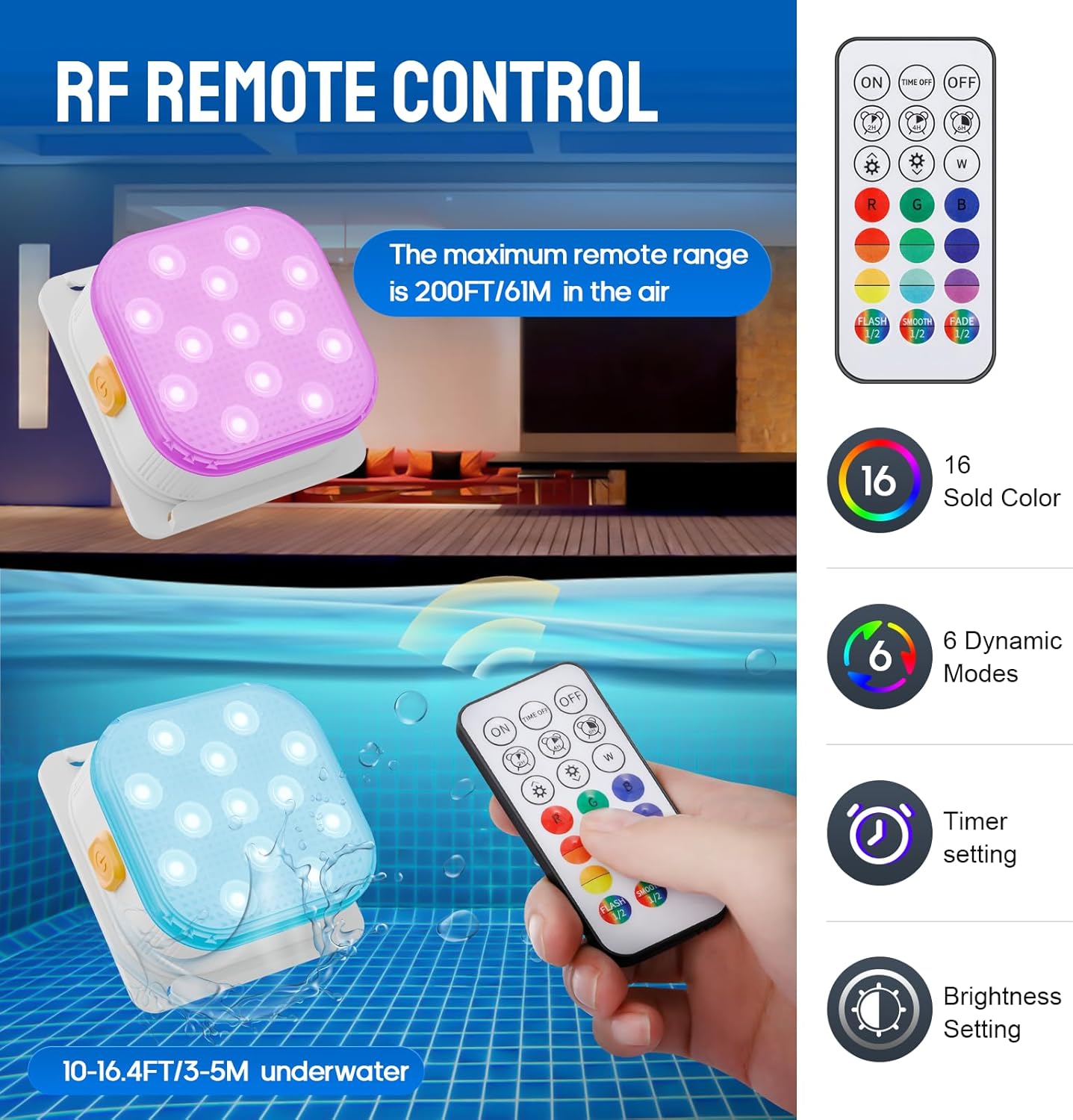 Lixada LED Pool Light, Rechargeable Submersible Underwater Light with Remote,16 Color Changing IP68 Waterproof for Aboveground/Inground Pools, Pond Decoration(2 Pack)