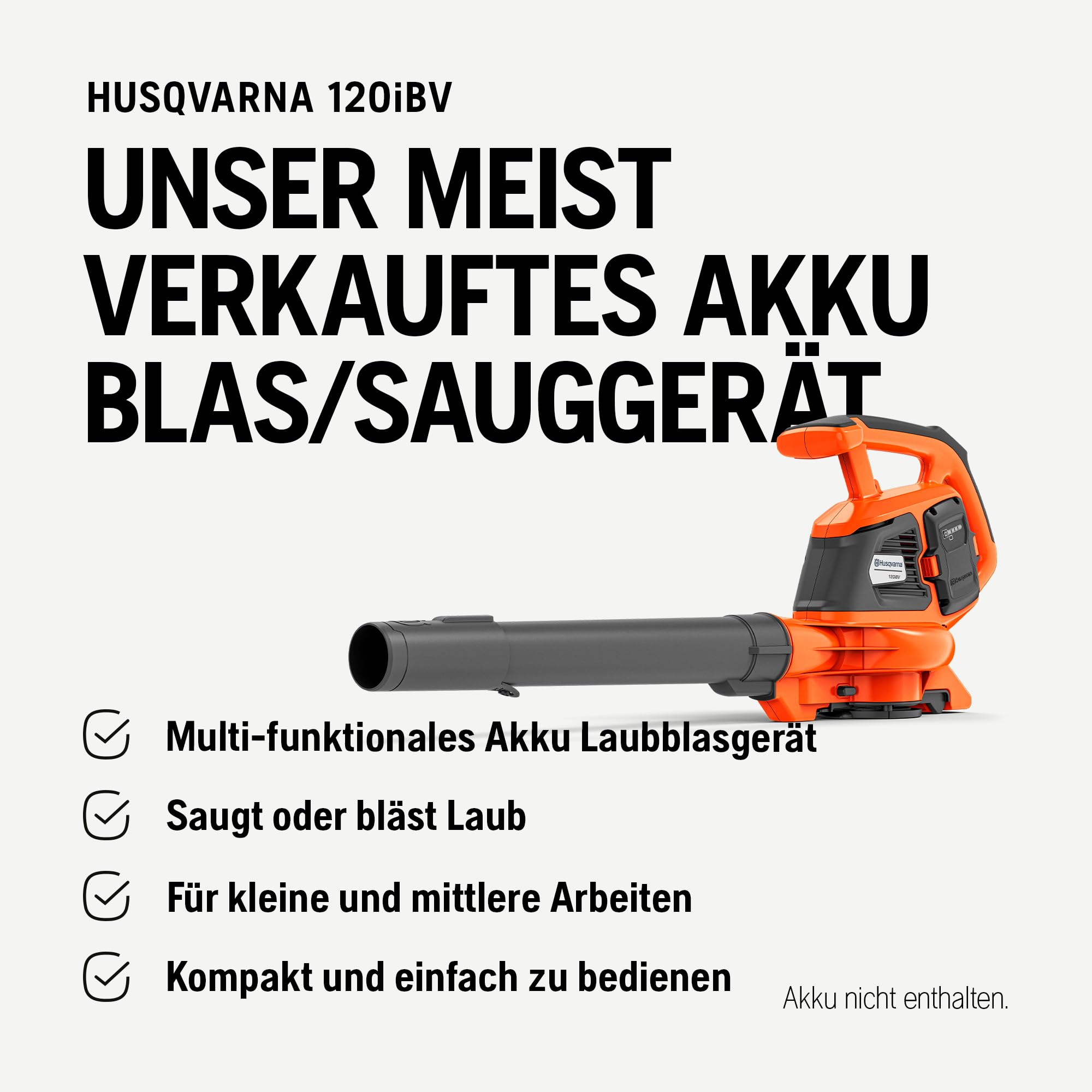 Husqvarna 120iBV - Soffiatore a batteria senza fili, 36 V, batteria e caricabatterie, 10 N, potenza di soffiaggio regolabile, senza spazzole, silenzioso e leggero, per la cura del giardino