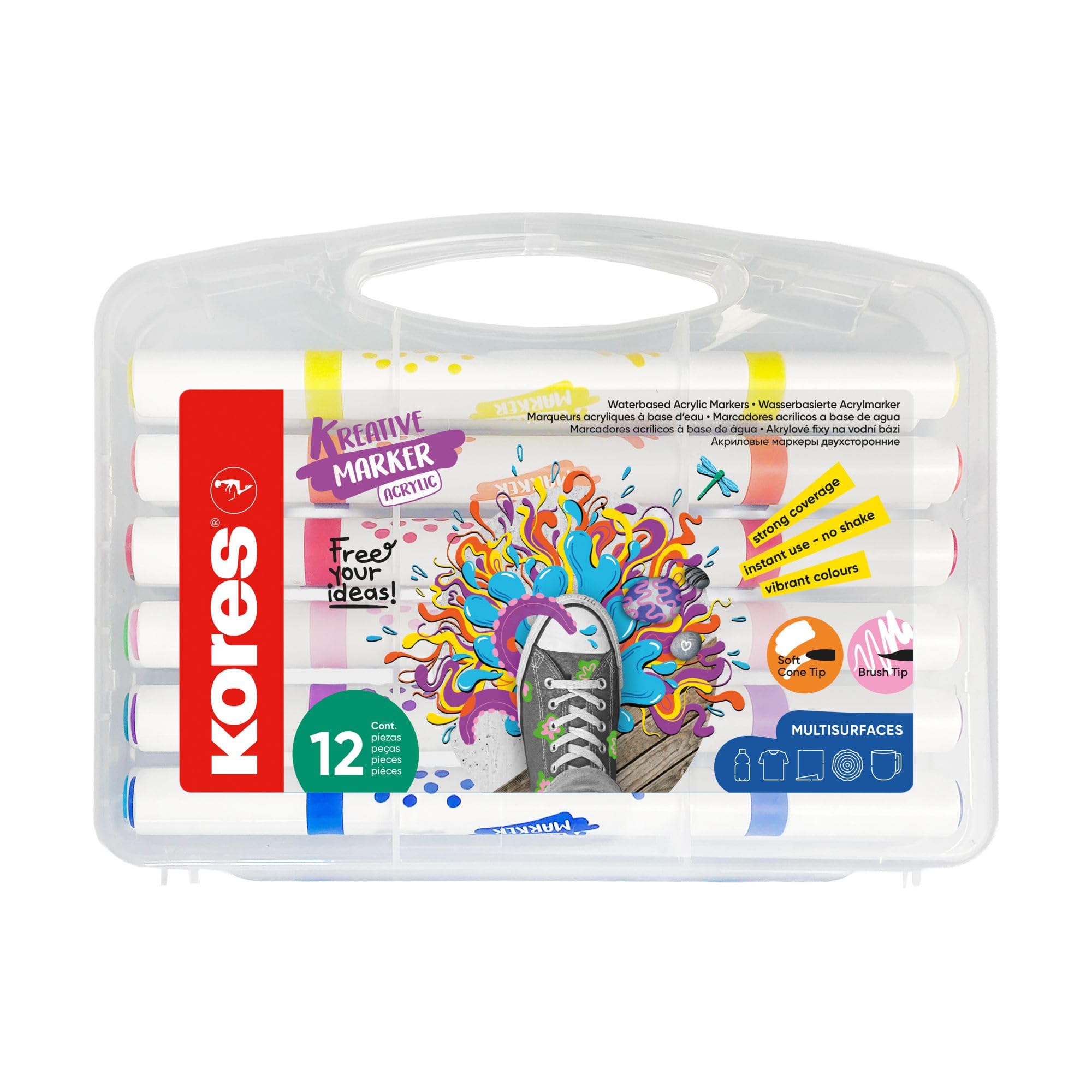 Kores Kreative Acrylic Paint Markers 12 Vivid Colours - Dual Tip Brush and Cone Nib for Paper, Wood, Glass, Canvas, Rock, Fabric and Ceramics - Opaque Ink, No Shaking - Ideal for Adults and Kids