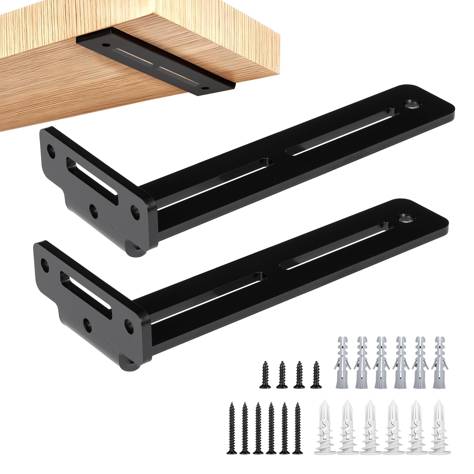 Floating Shelf Brackets - Heavy Duty Shelf Brackets for Shelves, Black Coated Metal Wall Shelf Support Brackets, for Shelves up to 30 KG (15 CM, Count 2)