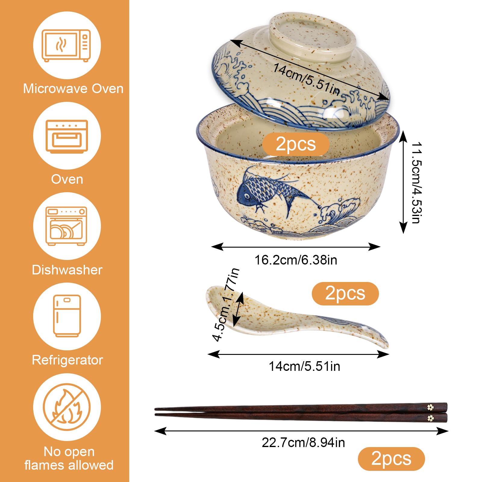 Juego de 2 Cuenco de Ramen, Tazones Ramen de Cerámica de 800 ml con Tapa Palillos y Cucharas, Ramens Bowl de Cerámica, para Udon, Soba, Fideos, Ensaladas y Sopas (A)