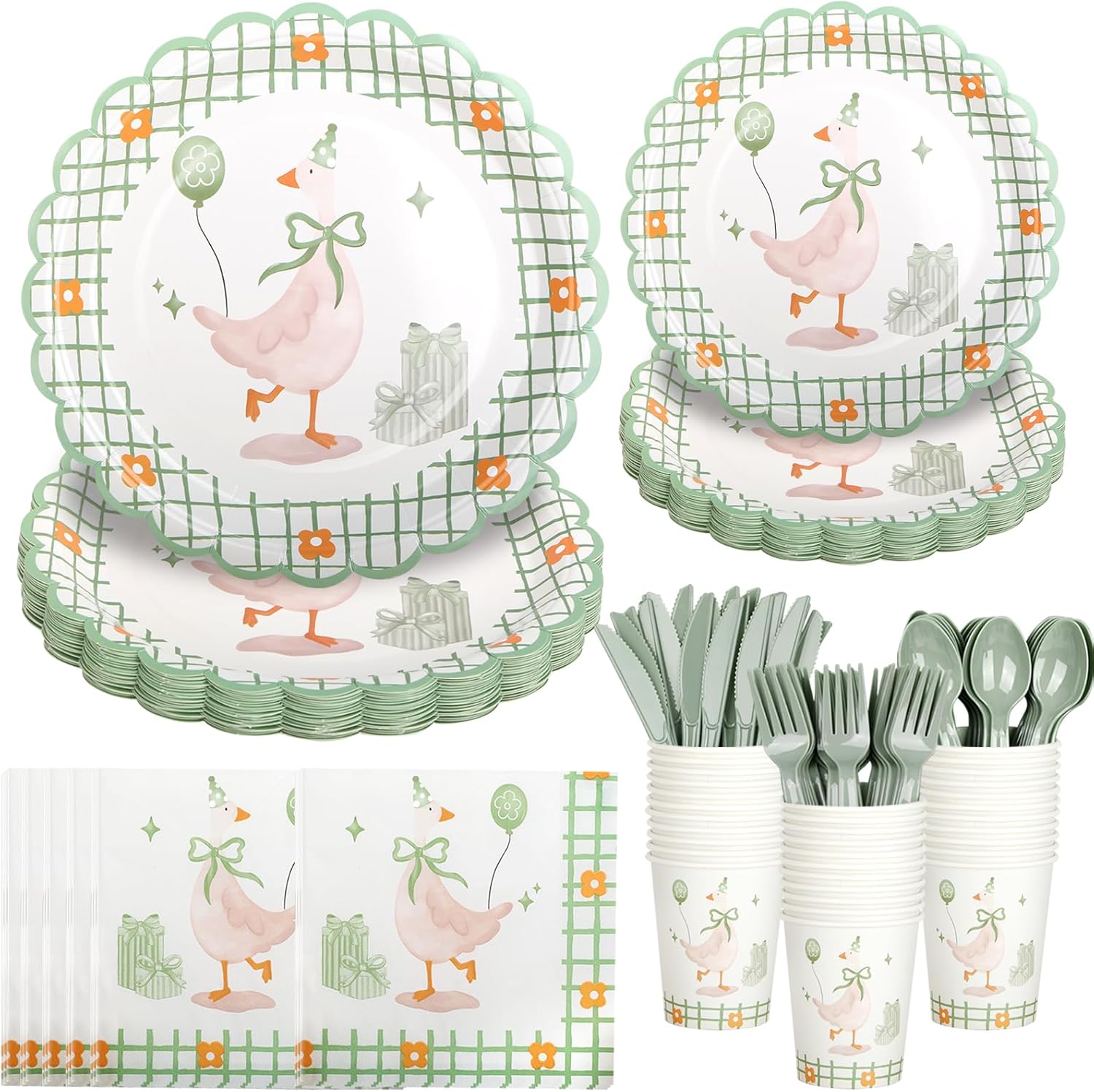 182 Pcs Sage Green One Silly Goose Party Tableware Set - For 26 Guests - Goose Theme Party Paper Plates And Napkins Kit - For Baby Shower Birthday Party Decorations