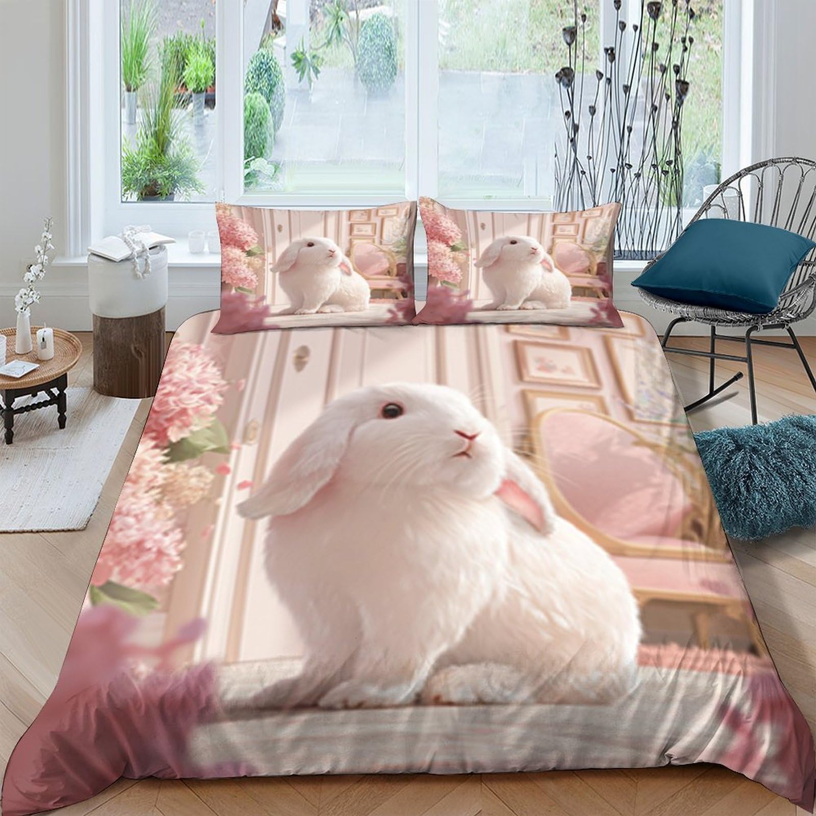 GPLZQXKJNH 3D Printed White Bunny Duvet Cover Microfiber Soft Breathable Rabbit Bedding Set with 2 Pillowcases for Bedroom Decor, Single（135x200cm）