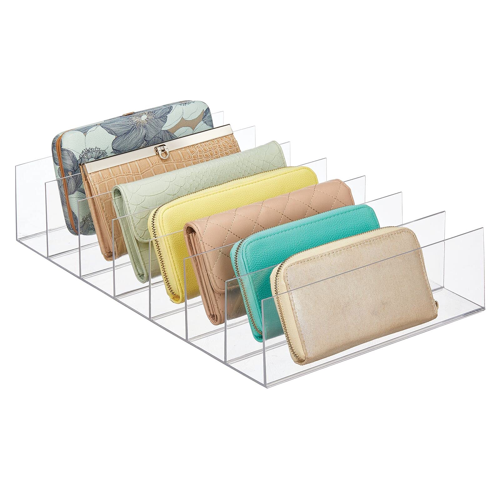mDesign Organizador de embrague dividido de plástico para armarios, dormitorios, aparadores, solución de almacenamiento para bolsos, carteras, billeteras y accesorios, 7 secciones, colección Lumiere,