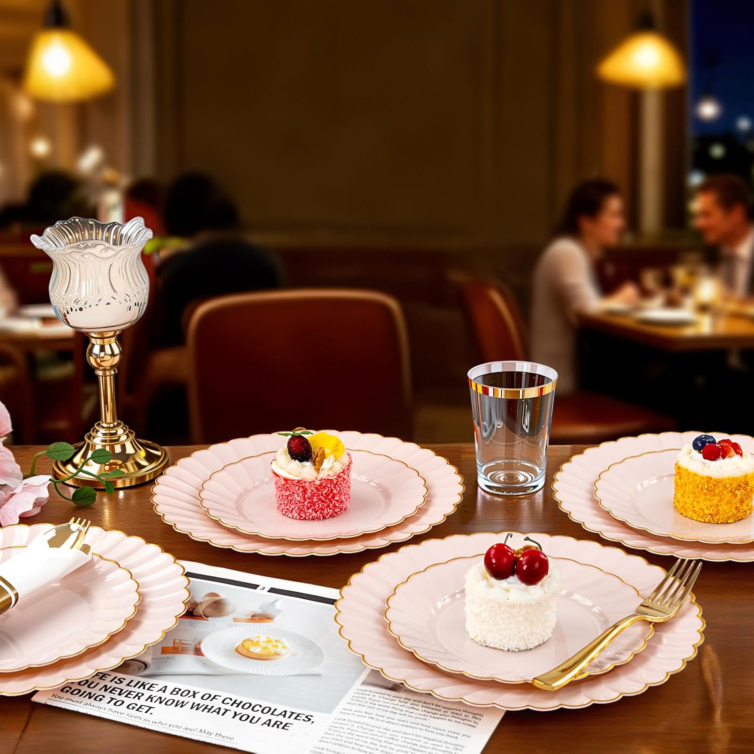 YOUBET 350PCS Pink Scalloped Plastic Plates - Pink and Gold Disposable Dinnerware Set Include 100 Plates, 150 Gold Silverware, 50 Cups, 50 Napkins for Wedding & Party Valentines Day - Image 7