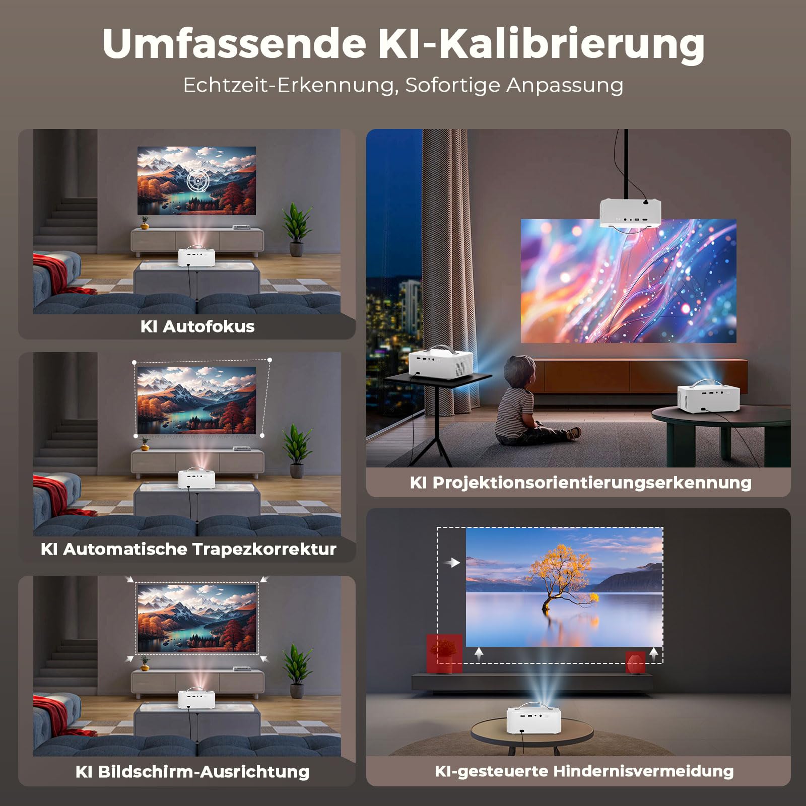 Beamer-Outdoor | Kompatibel mit Netflix Dolby Audio | 1600 ANSI Lisowod HDR10 4K Heimkino | EARC CEC | Auto Fokus & Trapezkorrektur Smart Projektor|Bluetooth 5.4 WiFi6 | Für Familienkino und WM-Party