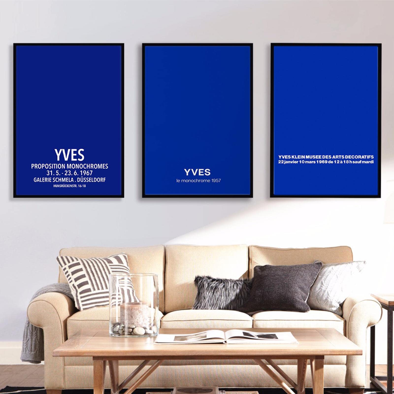 Dittelle Frameless Yves Klein Exhibition Poster Monochrome Blue Canvas Painting Wall Art Picture French Modern Art Prints Home Decor 50X70cm-3Pieces