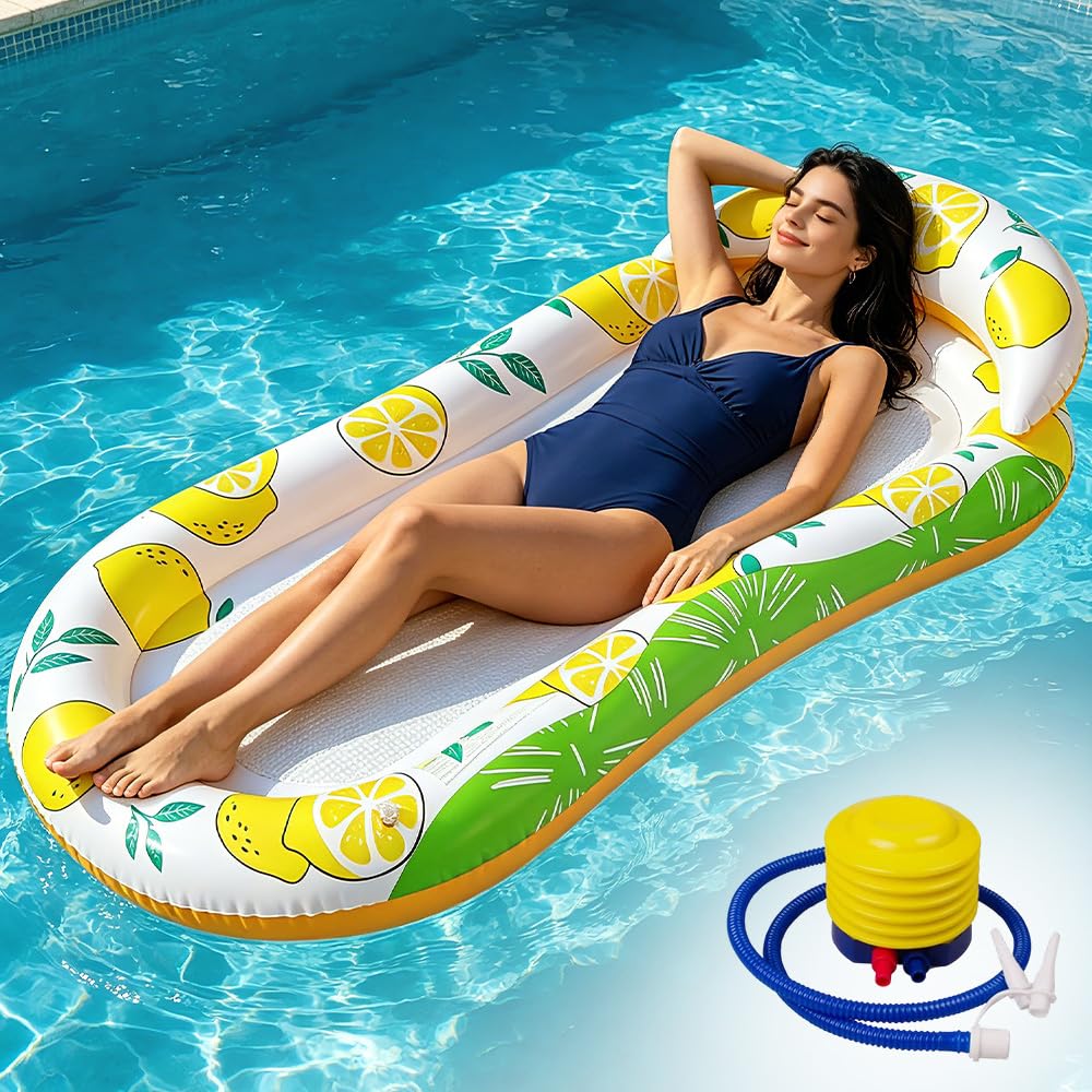 Swimming Pool Float Hammock, 4 in 1 Comfortable Lounge Raft for Adults, Inflatable Pool Lounger for Sunbath Tanning Summer Holiday Sea Beach Party Fun, Yellow