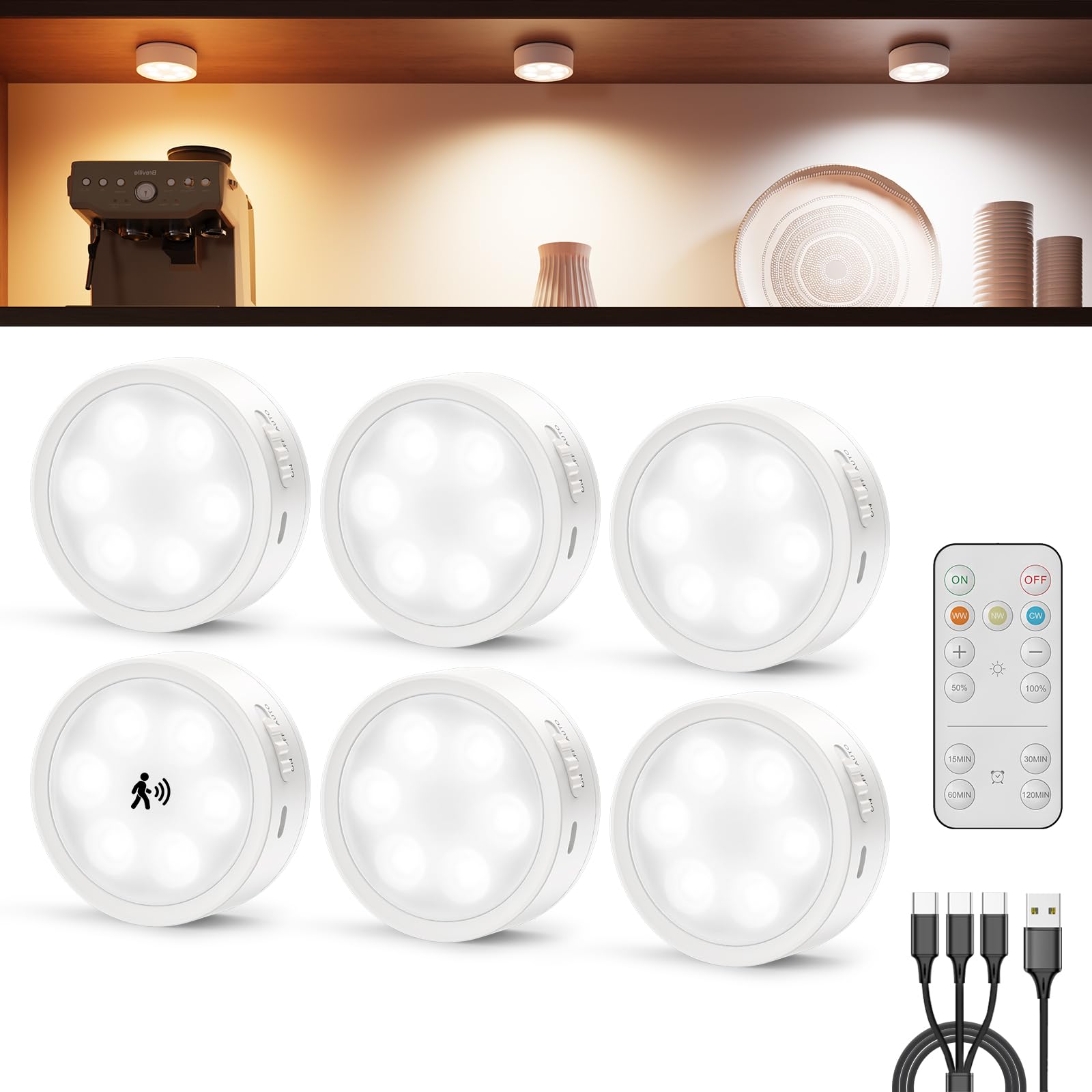 Luce LED Armadio Ricaricabile USB con Telecomando, 2400mAh Luce Vetrina Senza Fili Faretti LED Adesivi Lampada Sottopensile Cucina Batteria Luci Notturna per Interno Scale Guardaroba Sotto Mensola