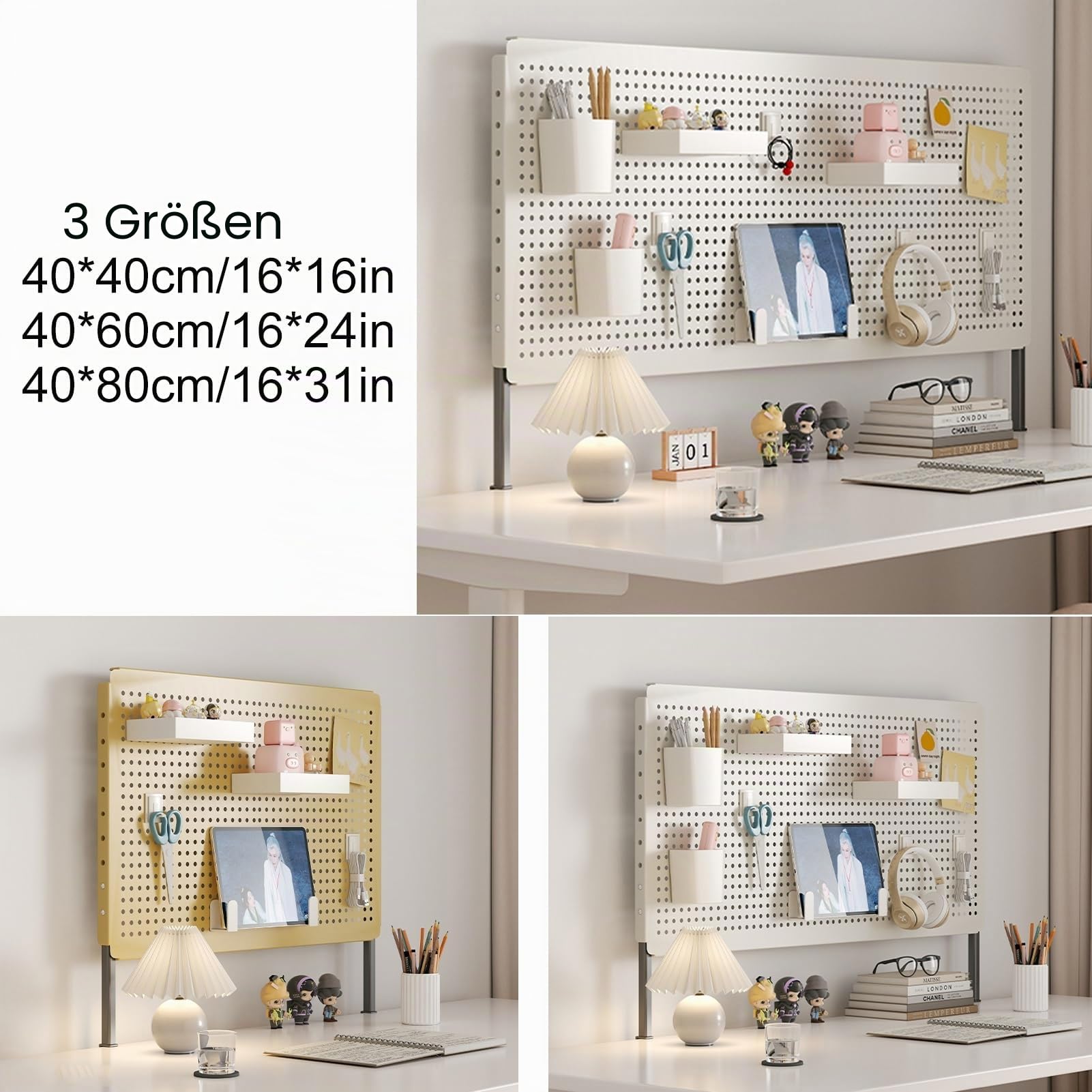 Pegboard Metall Mit Höhenverstellbarer Basis, Lochplatte Schreibtisch, Kleiner Stecktafel Organizer für Büro, Arbeitszimmer, Schlafzimmer, Küche ( Color : White(clip-on base) , Size : 80*40cm )