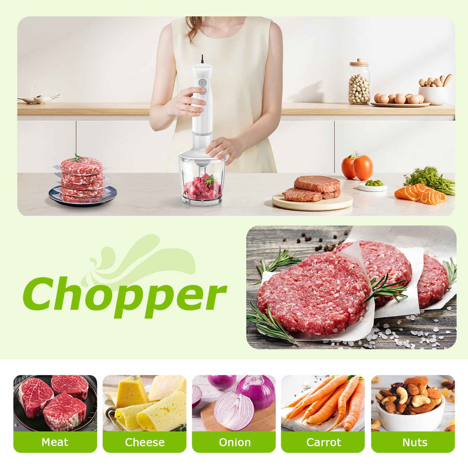 Bonsenkitchen Frullatore a mano con 2 velocità di miscelazione, 4 in 1 in acciaio inox con frusta, tazza e ciotola, bianco