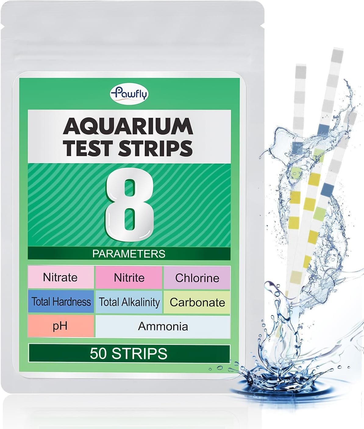 Pawfly 8 in 1 Aquarium Test Strips for pH Chlorine Nitrate Carbonate Hardness Total Alkalinity & Ammonia Water Quality Freshwater Saltwater Test Kit, 50 Strips Fish Tank Water Testing kit