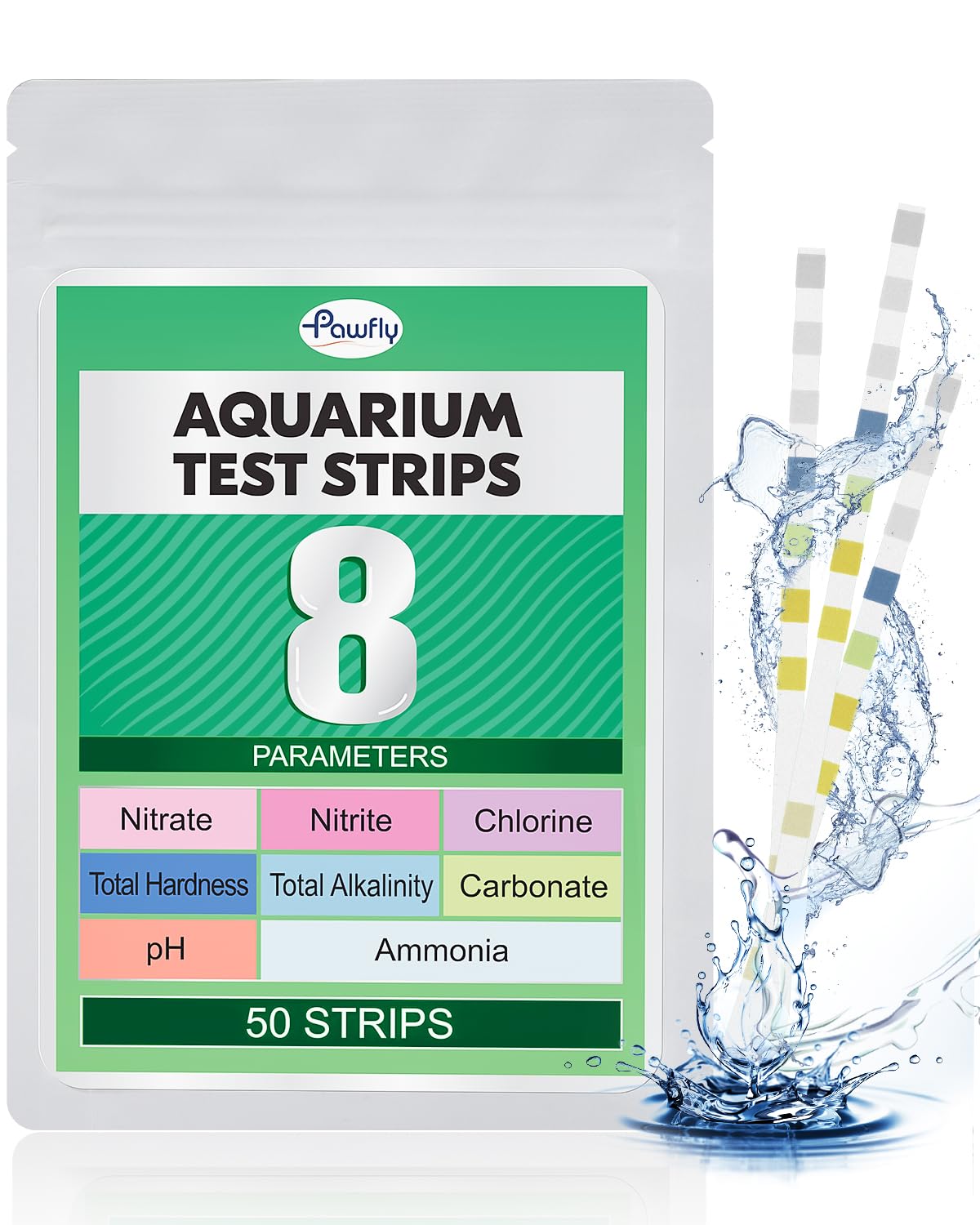 Pawfly 8 in 1 Aquarium Test Strips for pH Chlorine Nitrate Carbonate Hardness Total Alkalinity & Ammonia Water Quality Freshwater Saltwater Test Kit, 50 Strips Fish Tank Water Testing kit