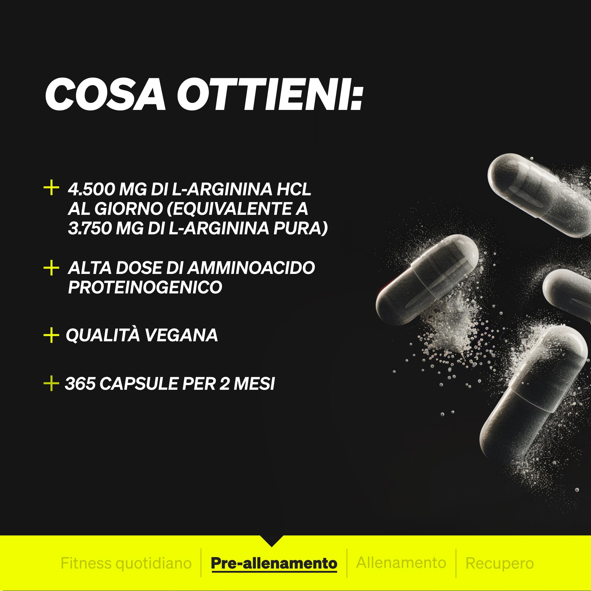 L-Arginina – 365 capsule vegane – 4500 mg di L-arginina HCL vegetale per dose giornaliera (3750 mg di L-arginina pura) – ad alto dosaggio – prodotta e testata in laboratorio in Germania