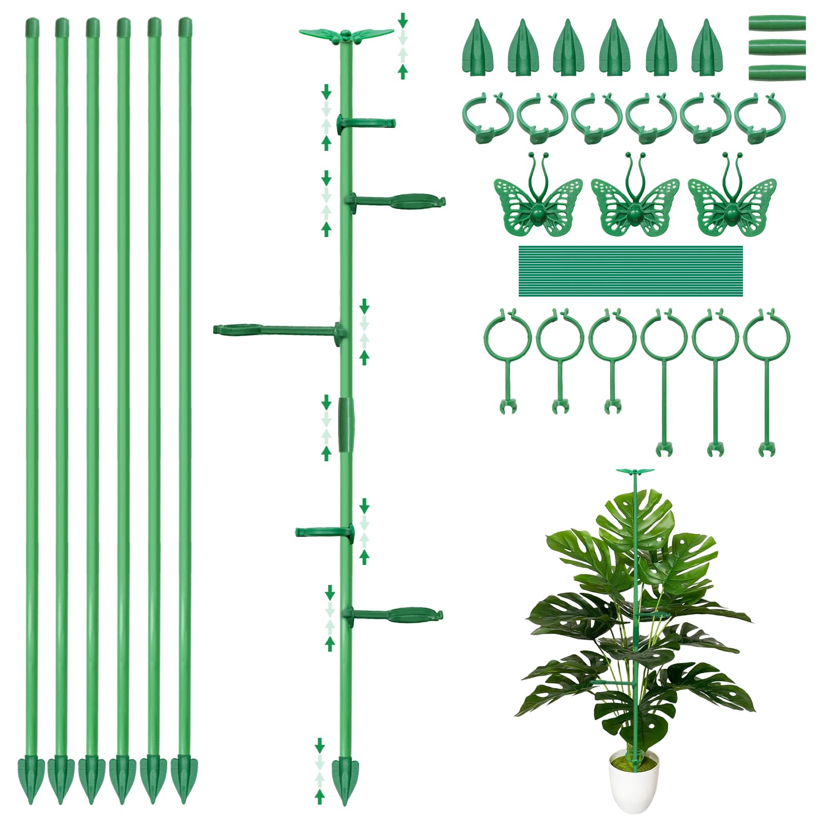 53 PCS Plant Sticks Support Kit, 11.8 Inch Adjustable Height Plant Stakes with 3 Size Fixing Clips for Indoor Outdoor Potted Plants, 6 Green Poles with Butterfly Top for Monstera Tomato Orchid Flower
