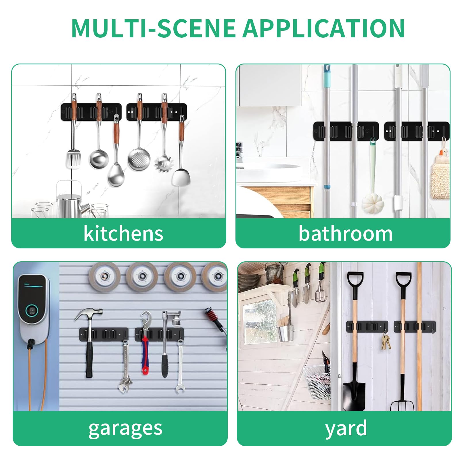 Soporte para Escobas de Pared, Soporte para Escobas de Pared de Acero Inoxidable con Ganchos, 2 Piezas, Autoadhesivos o Tornillos Perforados Incluidos, para Cocina, Baño, Garaje y Jardín - Negro