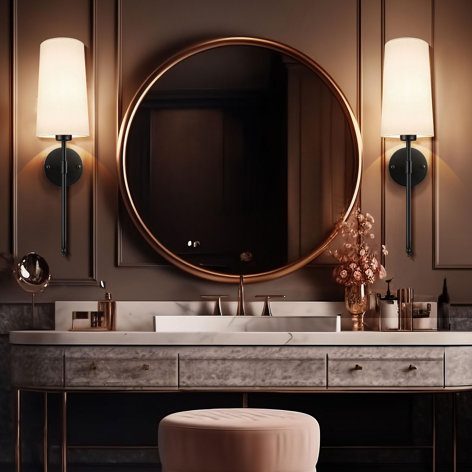 SLYYMY Wall Sconces Sets of 2, Retro Industrial Wall Lamps, Bathroom Vanity Sconces Wall Lighting with White Fabric Shades, Wall Lights for Bedroom Living Room Kitchen Island (Black)