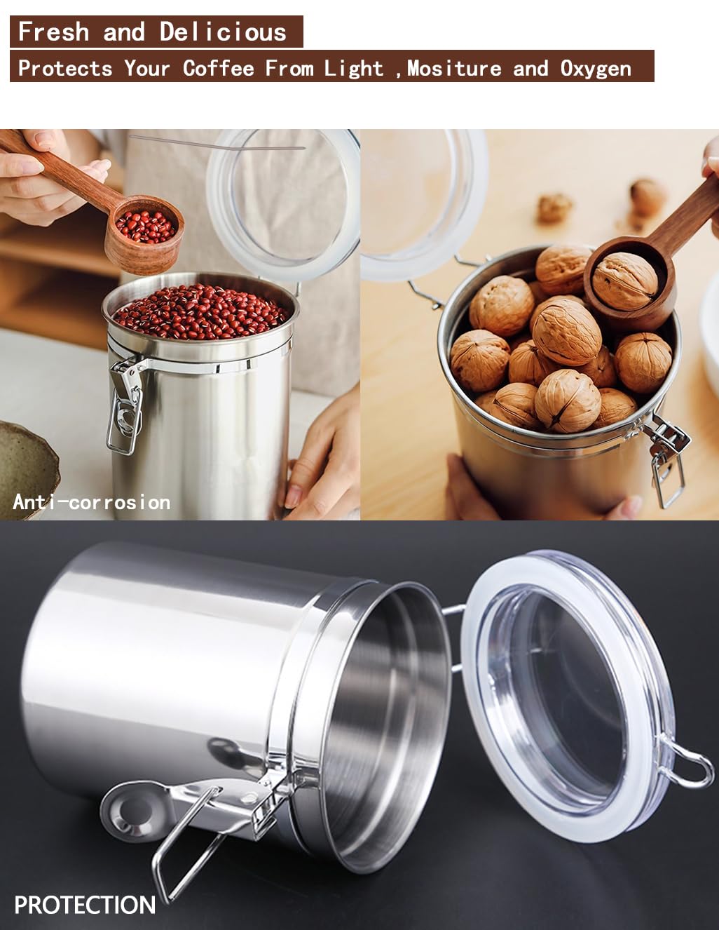 Kaffeedose Luftdicht mit Deckel Kaffeebohnen Behälter für Kaffeepulver Bohnen Tee Mehl Müsli Zucker, Edelstahl Dose zur Aufbewahrung Vorratsdose Küche Lebensmittel BPA-frei (2er Set - 1.8L - Silber)