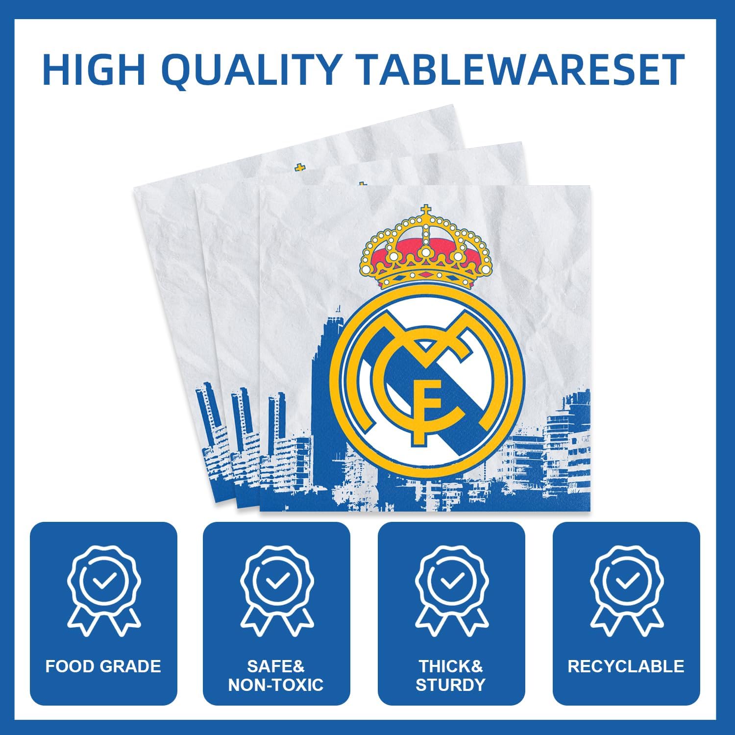 141pcs Real-Madrid Birthday Tableware Decorations Party Plates Cups Soccer Theme Napkins Beach Ball Tablecloth for Soccer Party Decoration (Real) - Image 4