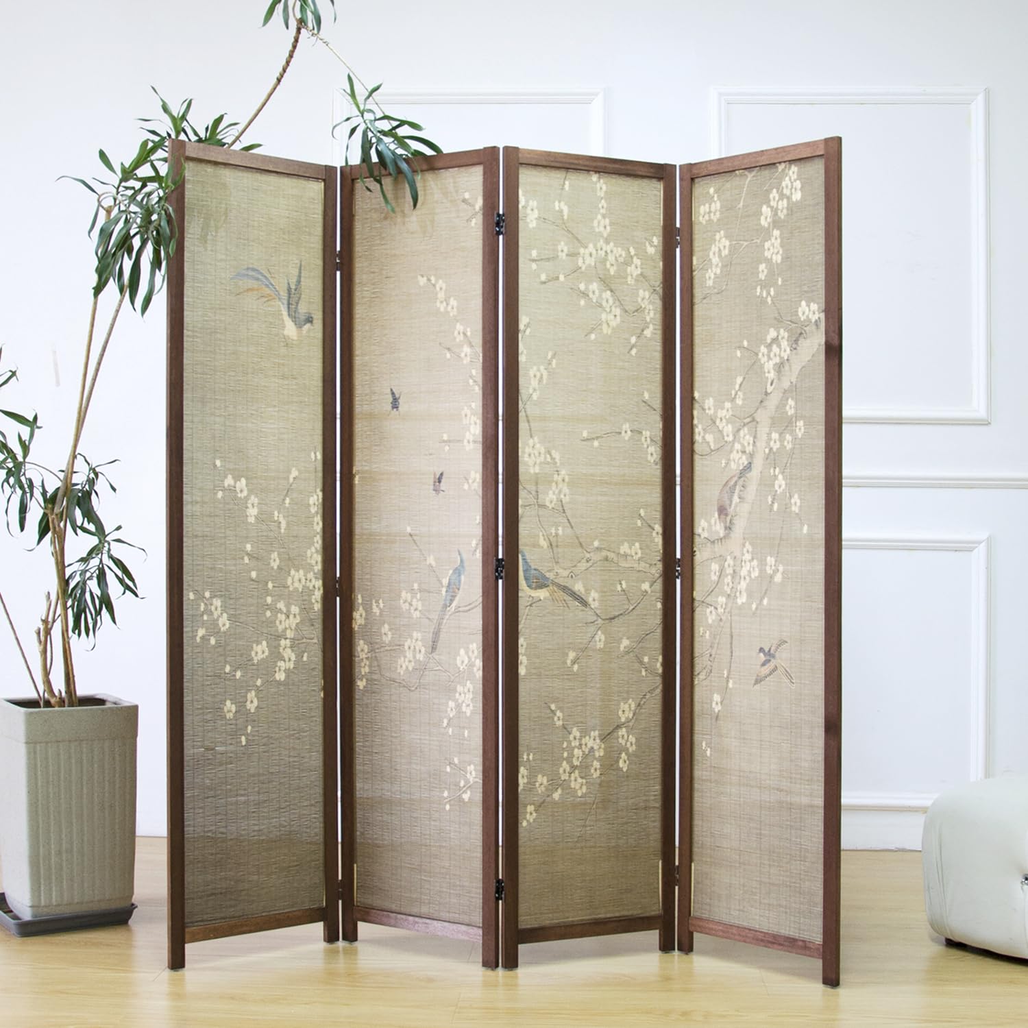 Photo 1 of Furnnylane 4 Panel Bamboo Room Divider for Room Separation, 5.6 ft Tall Double-Sided Folding Privacy Screen with Premium Thickened Wood Frame, White Plum and Birds (67" H x 63" W)