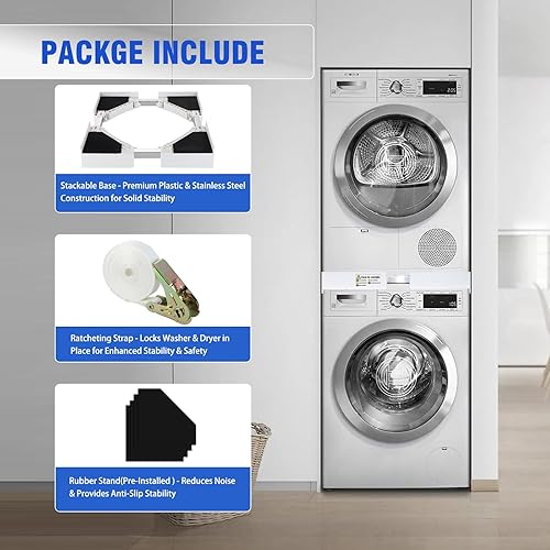 Miniatura 4 de Kit de apilamiento universal para lavadora y secadora para máquinas de carga frontal de 24 a 29 pulgadas con marco ajustable y correas de trinquete,