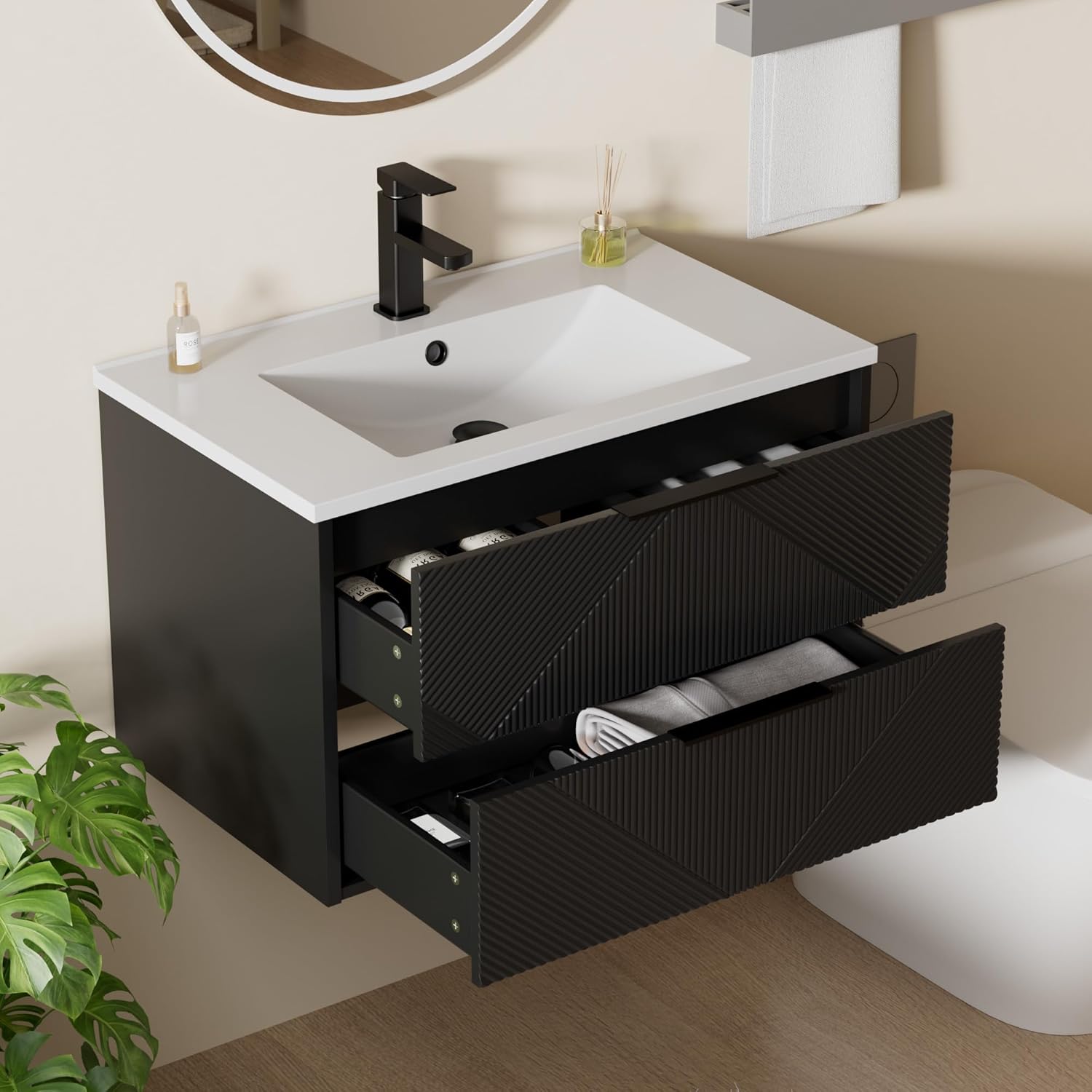 LUCKWIND 30" Floating Bathroom Vanity with Sink Combo, Wall Mounted Floating Cabinet with 2 Large Soft-Close Drawers & Water Saving Faucet, Geometric Textured Design in Black