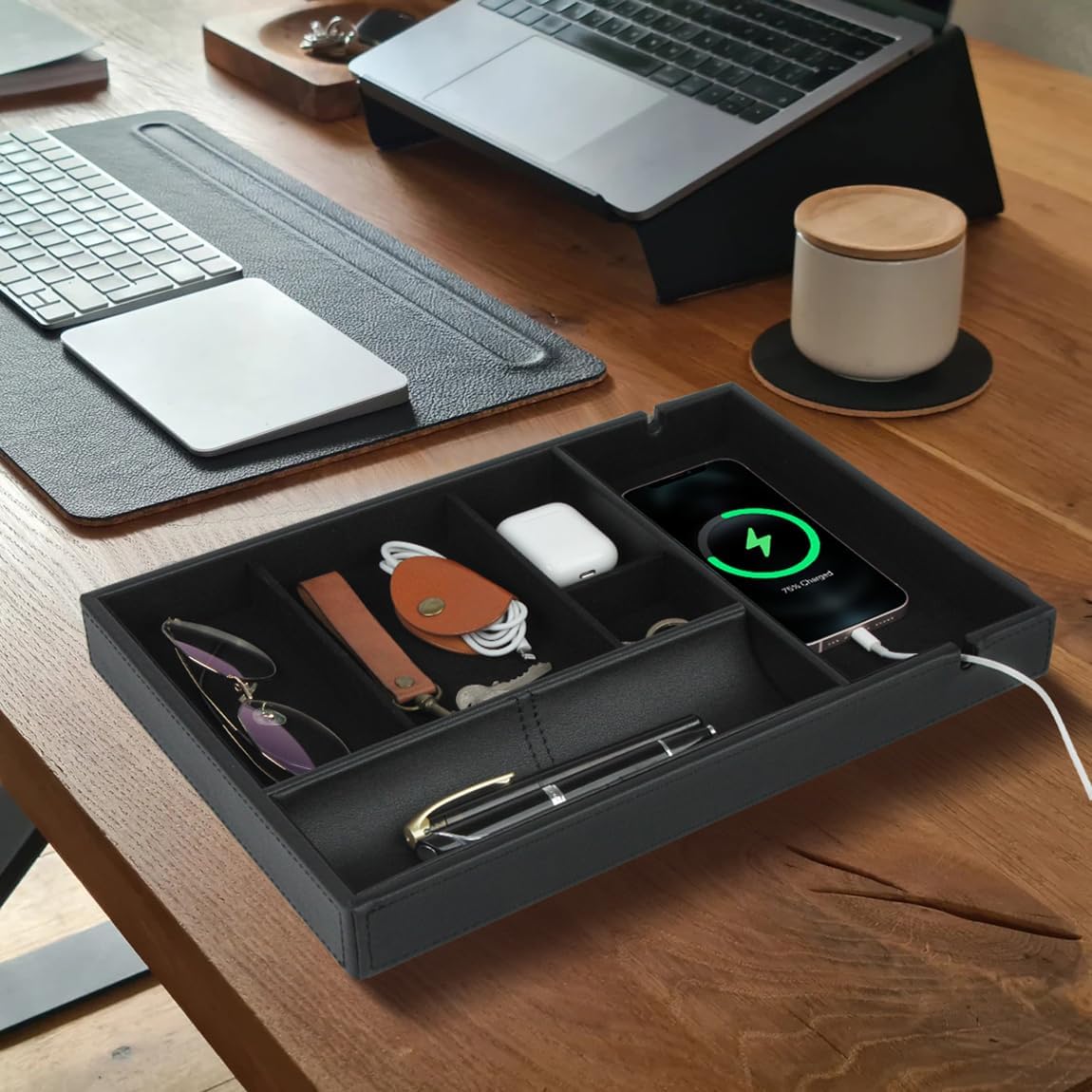 HofferRuffer Faux Leather Valet Tray for Gift, Nightstand Organizer Decorative Dresser Tray Box with Phone Charging Station, Storage Catchall for Men and Women (Black Organizer)