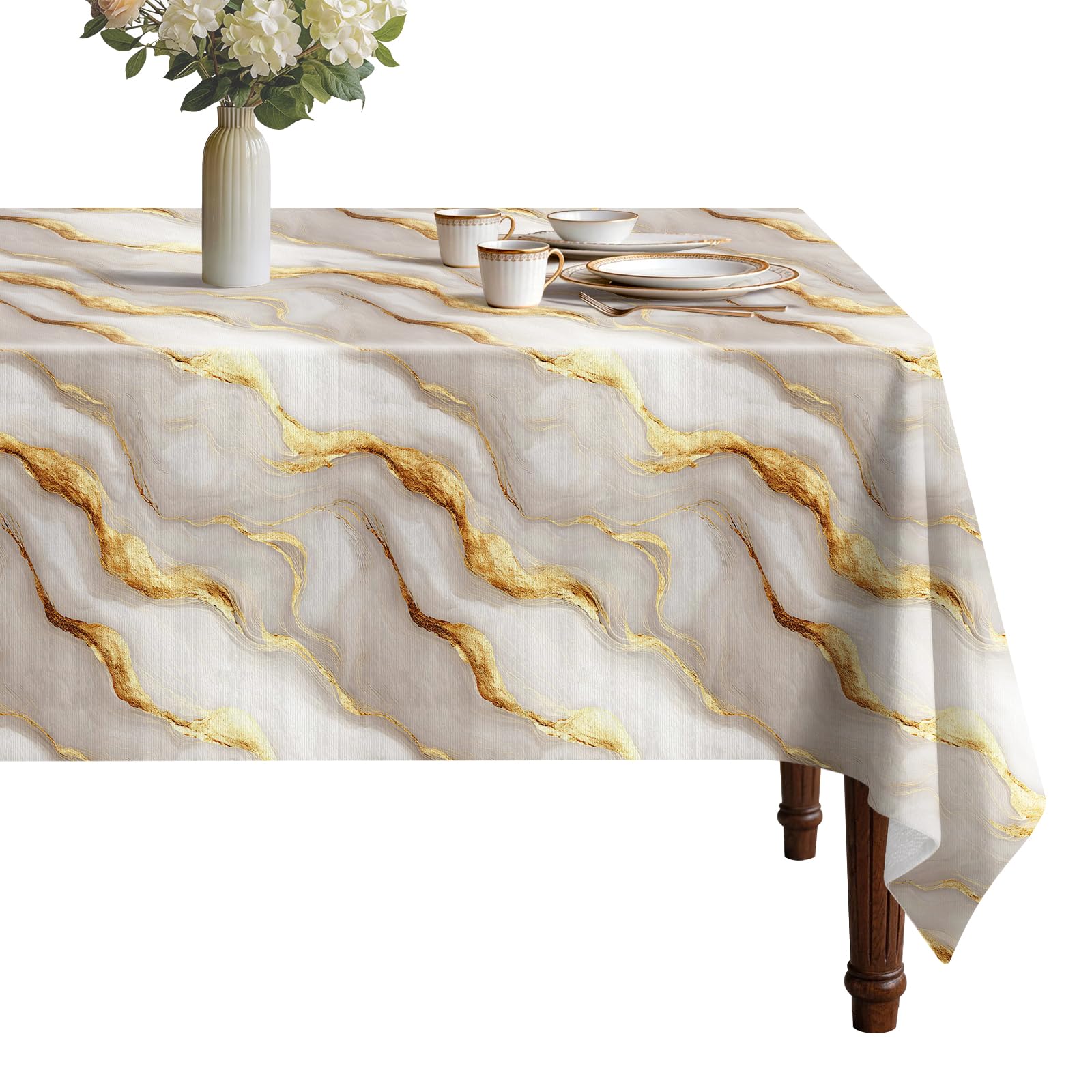 viaowan Gold Marble Vinyl Tablecloth with Flannel Backing for Rectangle Tables, Waterproof Stain Resistant Non-Slip Wipeable Table Cover for Kitchen Dining Picnic Party 60 x 84 Inch
