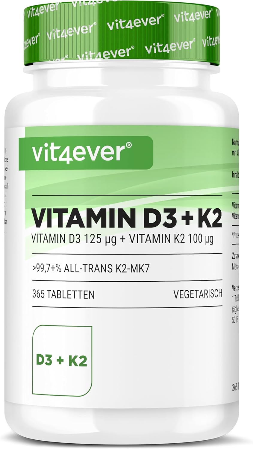 Vitamin D3 + K2 Depot – 365 Tablets – Premium Raw Material 99.7+% All-Trans (K2VITAL from Kappa) – With 5000 IU of Vitamin D3 per tablet – High dosed
