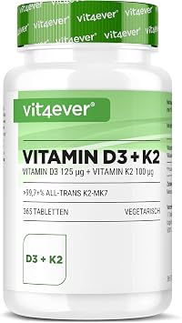 Vitamin D3 + K2 Depot - 365 Tablets - Premium Raw Material: 99.7 +% All-Trans (K2VITAL ® by Kappa) - With 5000 IU Vitamin D3 per tablet - Laboratory Tested - High Dose