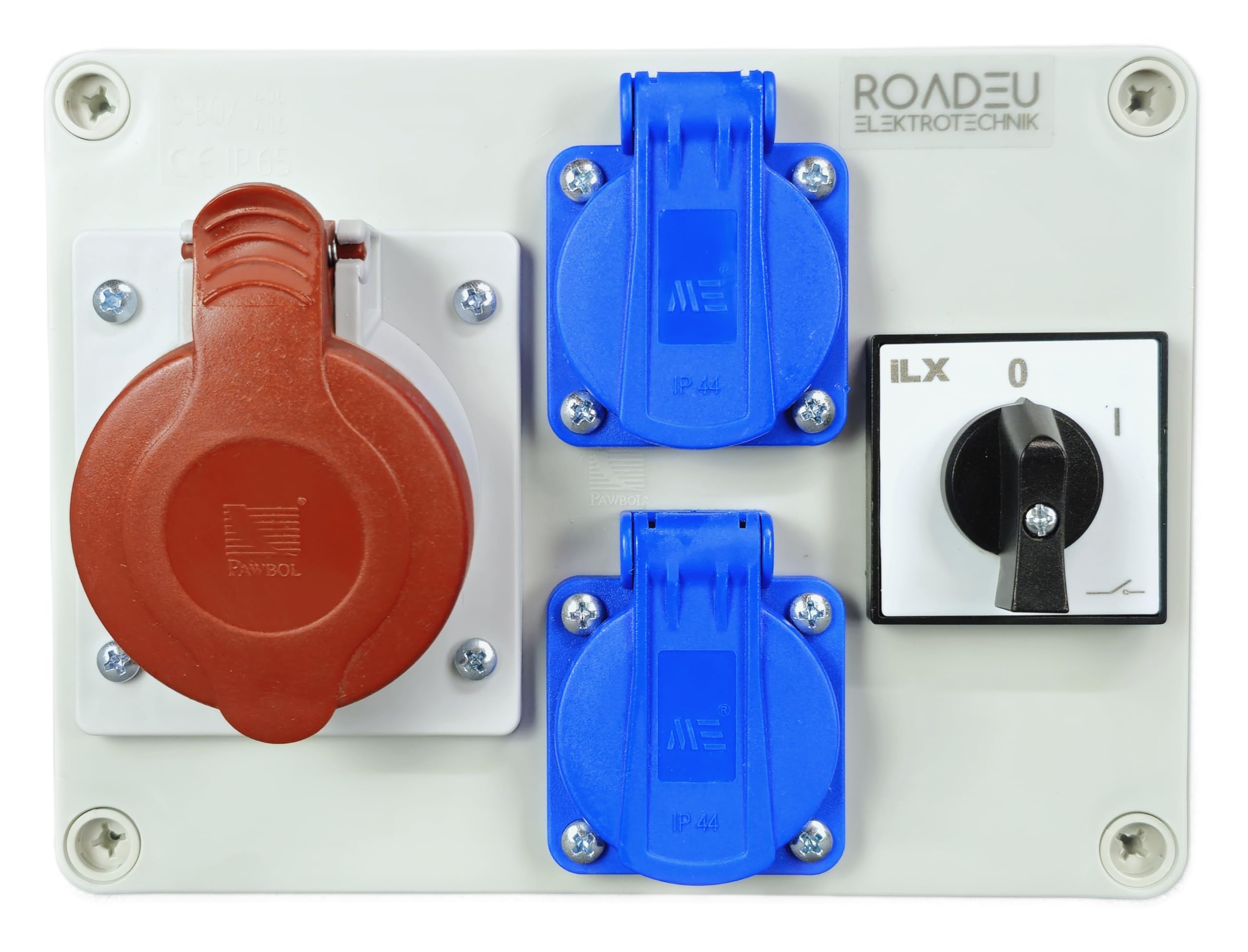 RoadEu - Coffret de chantier, Distributeur de courant CEE 16A. Prise avec interrupteur et 2 prises avec interrupteur principal 0-1. Répartiteur de courant fort avec prise IP44