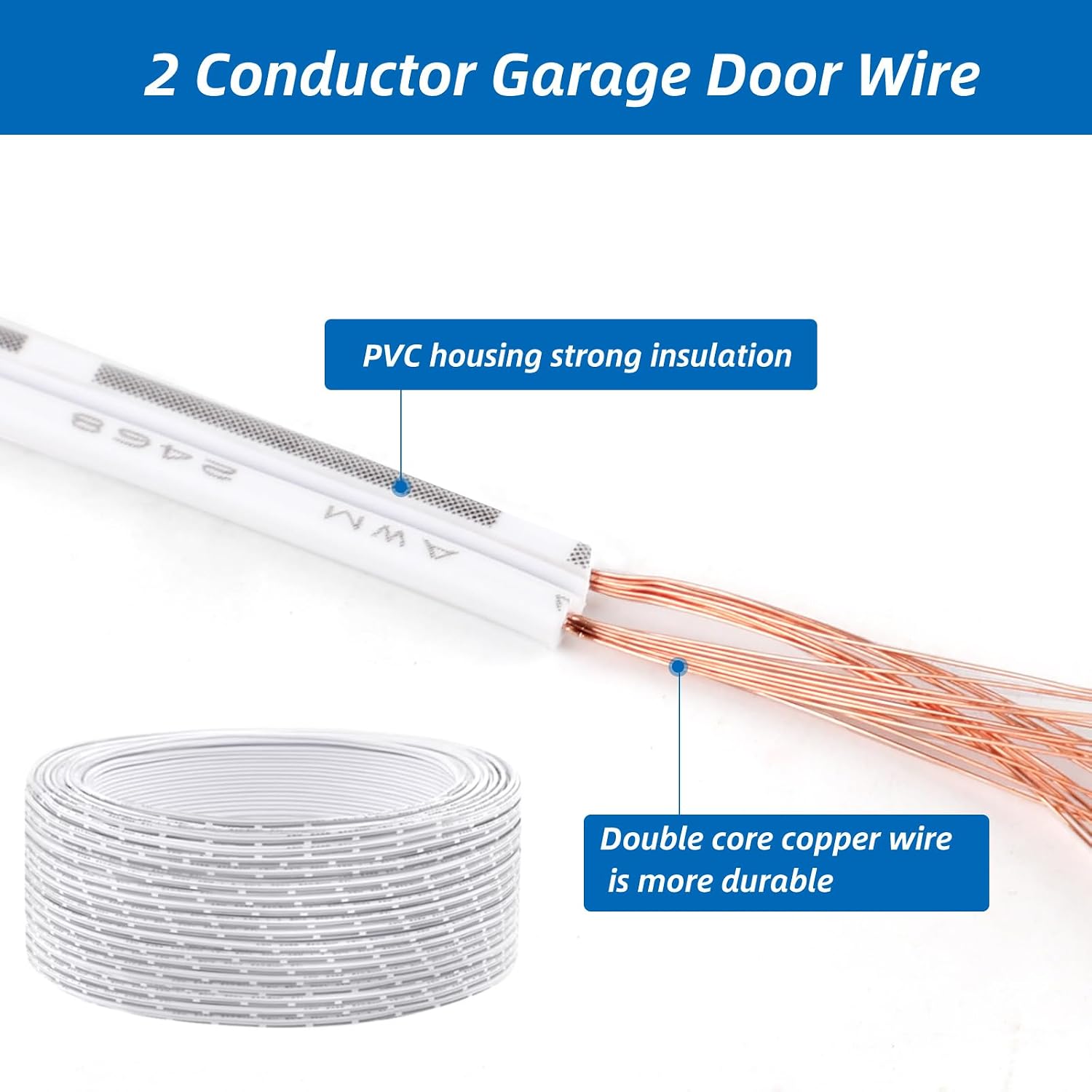 150 FT Garage Door Wire,22 AWG 2 Conductor Garage Sensor Doorbell Wire, Universal Cable Wires for Garage Door Sensor, Opener, Control Station,Thermostat (White)