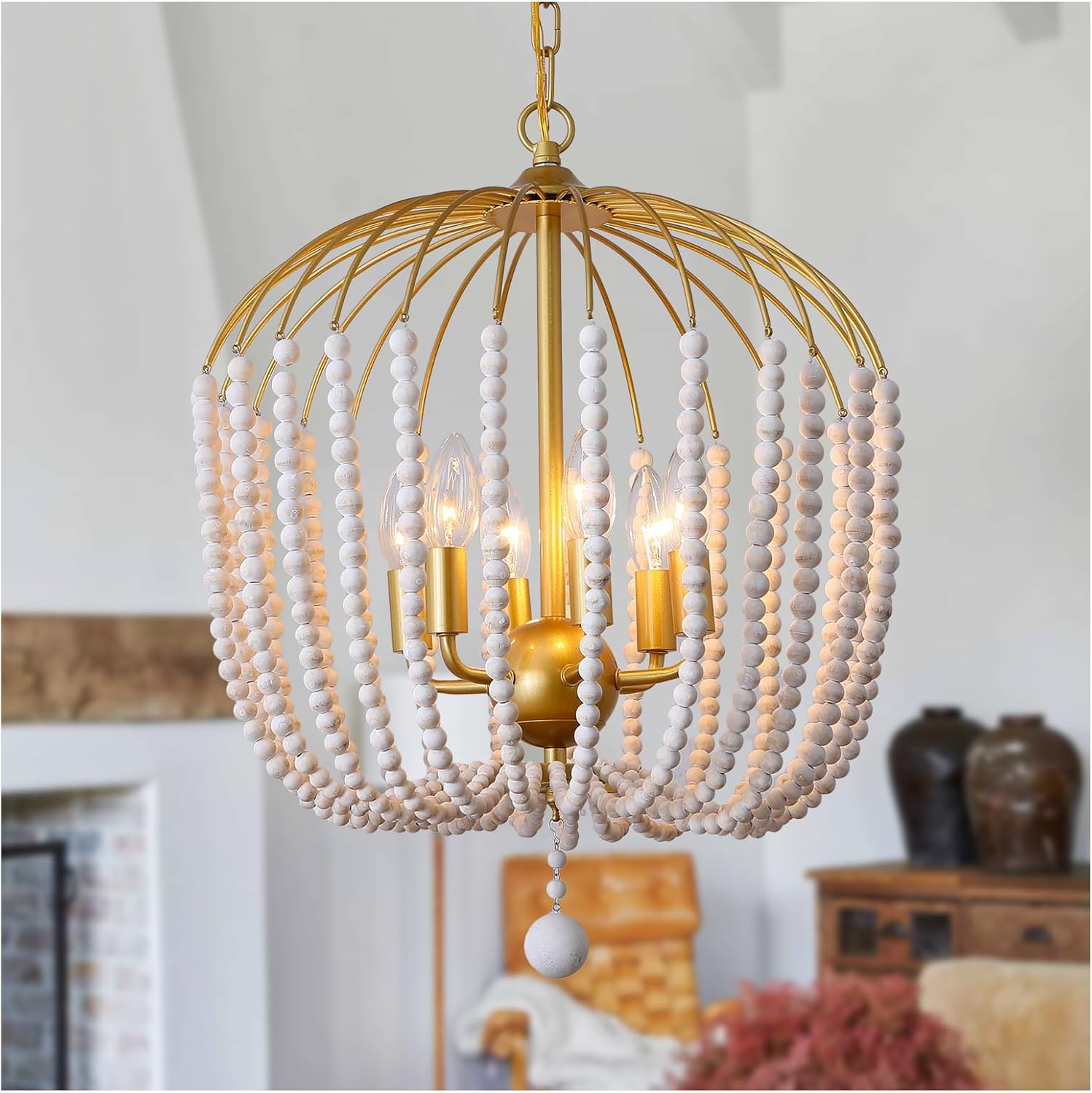 Mid Century Wood Beaded Gold Chandelier, Farmhouse 6-Lights 16.92" Golden Candle Style Chandelier Light Fixture, Rustic Modern Wood Bead Chandelier for Dining Room, Kitchen Island, Bedroom, E12 GW-6