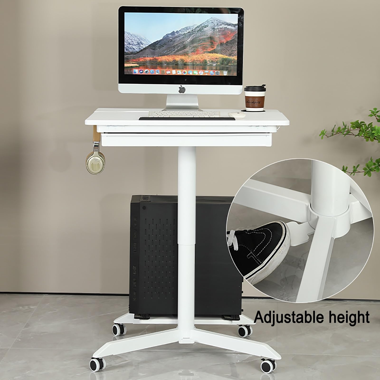Mobilne biurko do siedzenia i stania 42" z dzieloną półką - wózek na laptopa z kółkami pneumatycznymi i hamulcami, biurkiem, stołem konferencyjnym (brązowy)
