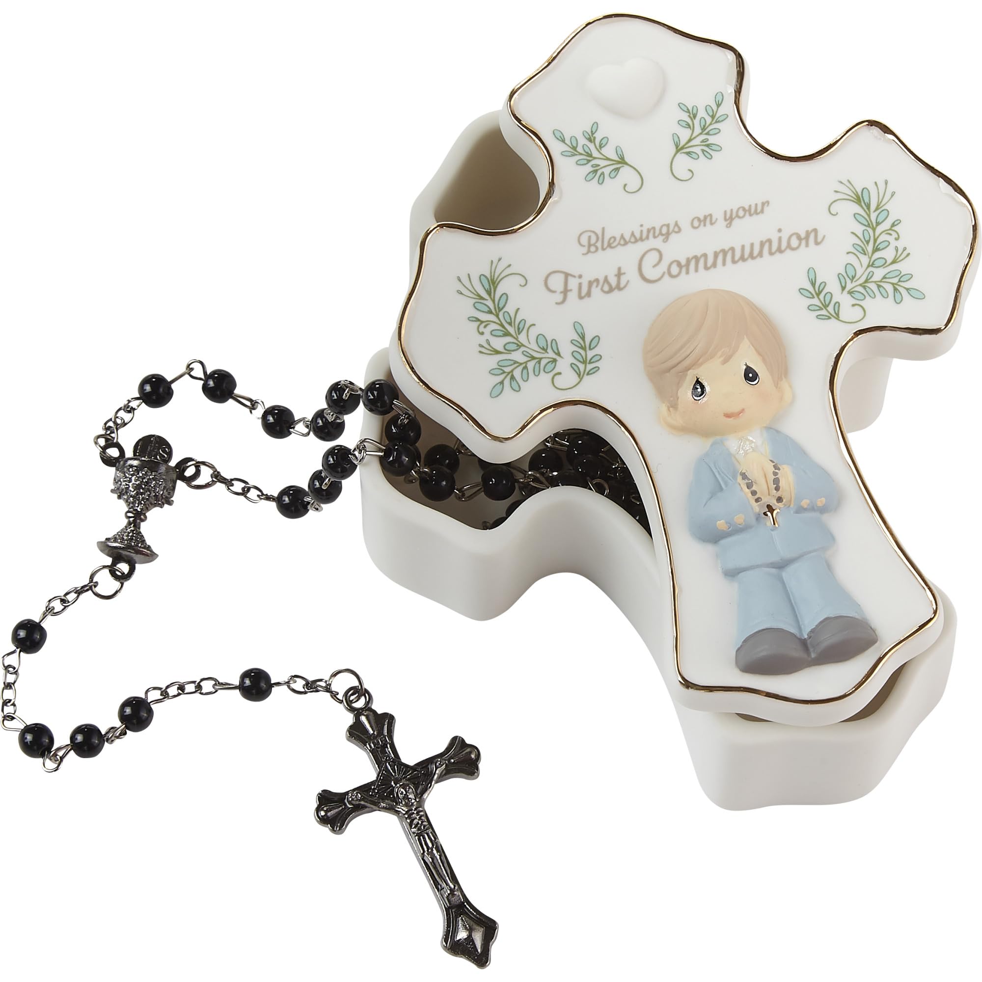 Precious Moments Communion Boy Figurine & Rosary Box Set, Bisque Porcelain Keepsake, Ideal First Communion Gift