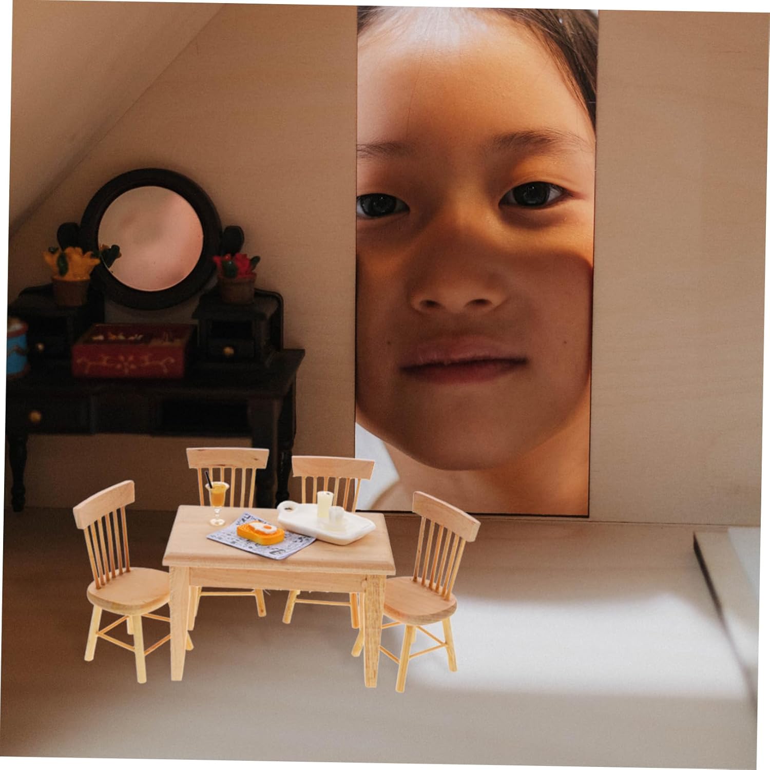VOSAREA 1set Miniature Doll House Kitchen Furniture Dining Table Chairs and Food Props for Creative Play and Decoration for Photography and Landscape Use