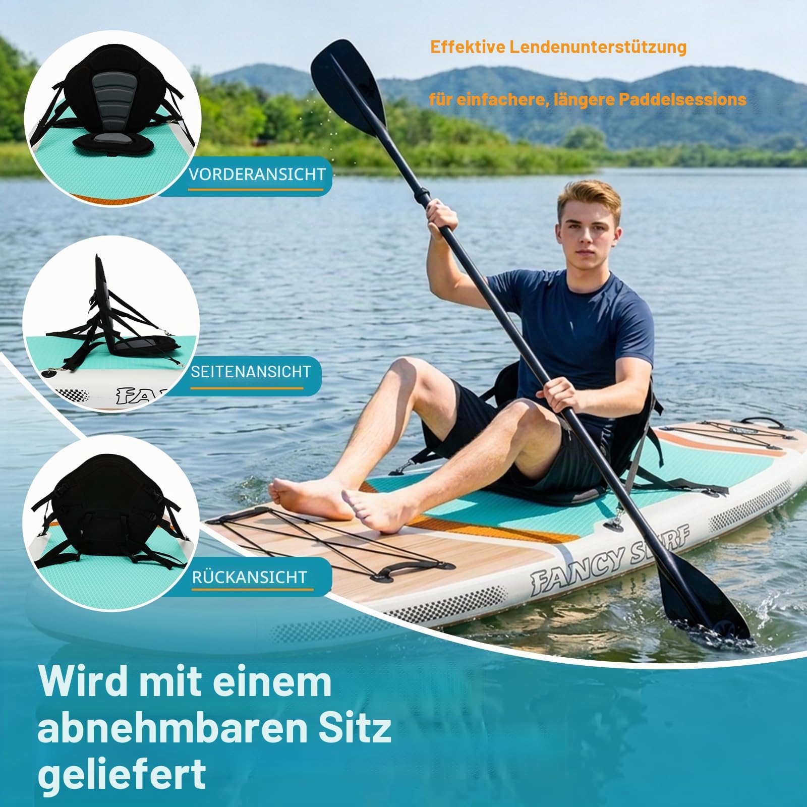 366cm x 90cm Aufblasbares Stand Up Paddling Board mit Kajaksitz, 250kg Sup Paddle Board for Adults with Pump, Fins, Backpack, Accessories & Waterproof Phone Pouch for Fishing, Yoga, Touring