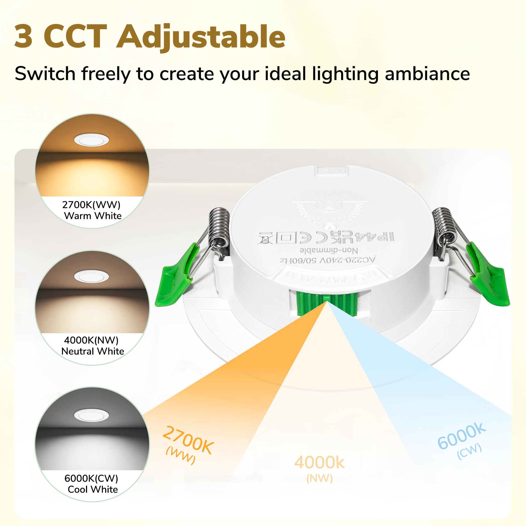 LED Einbaustrahler 230V 10er Set, 6W LED Einbauleuchten 3CCT 2700K/4000K/6000K, 55–68mm Lochmaß, Ultraflach 25mm IP44 Deckenspots, LED Spots als Einbauspots für Bad Küche Wohnzimmer, Weiß