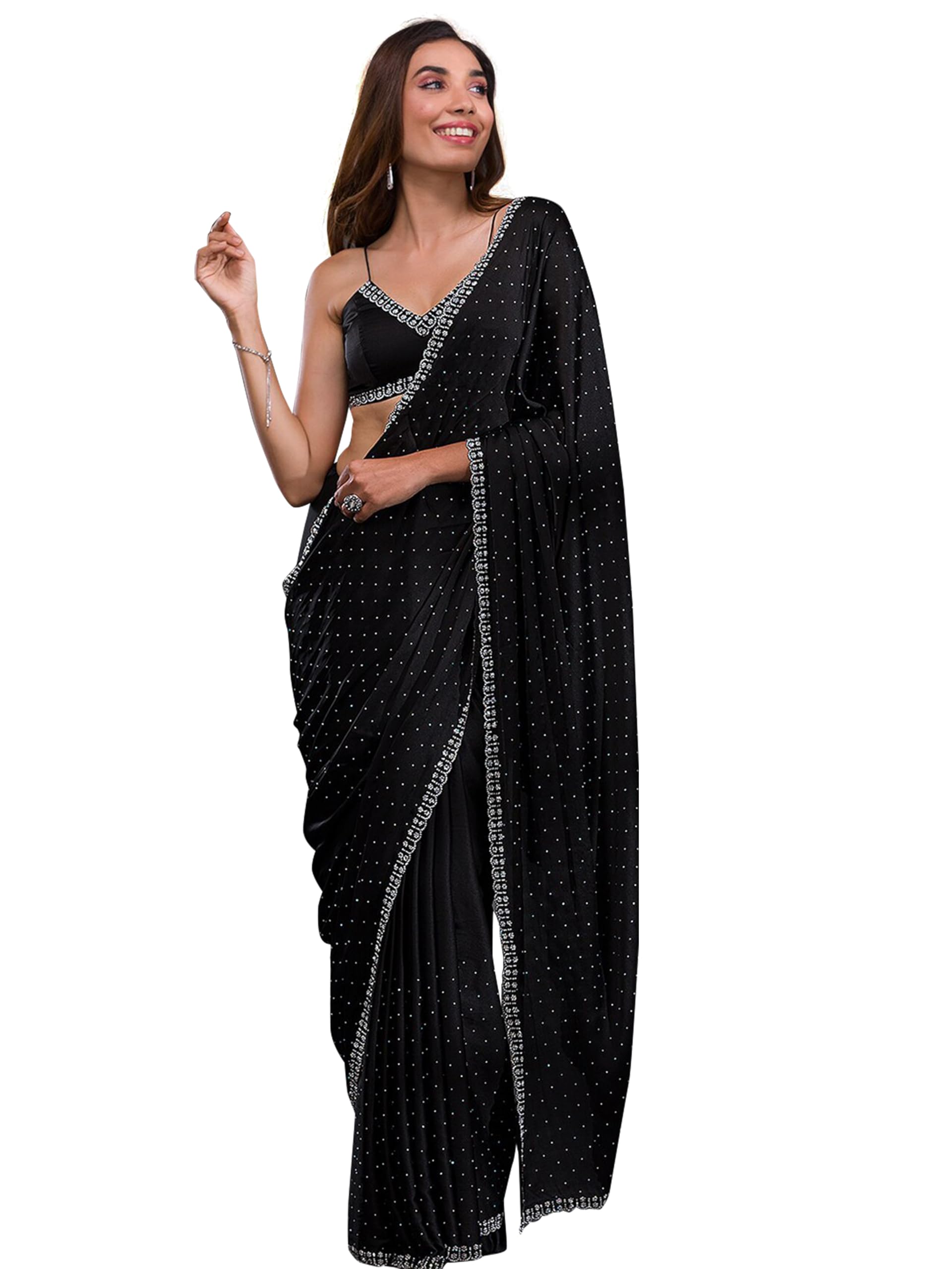 Women's Satin Georgette Zarkan work Saree with Unstitched Blouse Piece (K1086-Black)