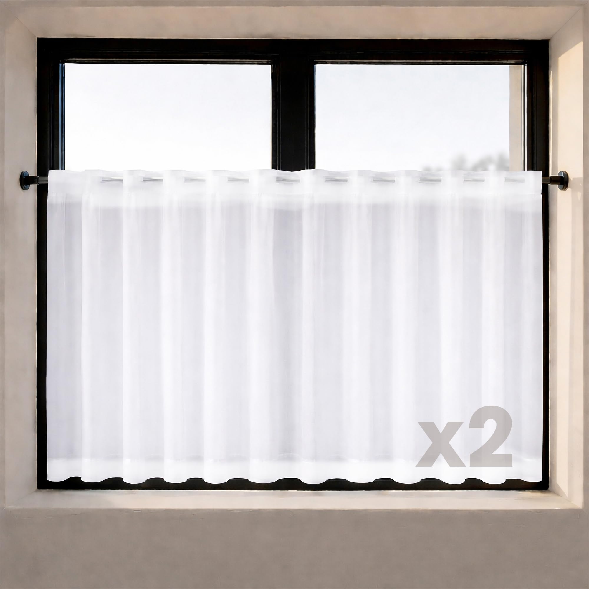 Happy Home 2er Set Scheibengardine Mina Weiß 205x50 cm – Moderne Bistrogardine mit Gardinenband – Halbtransparente Kurzgardine für Küche & Bad – Sichtschutz & Fenstergardine waschbar