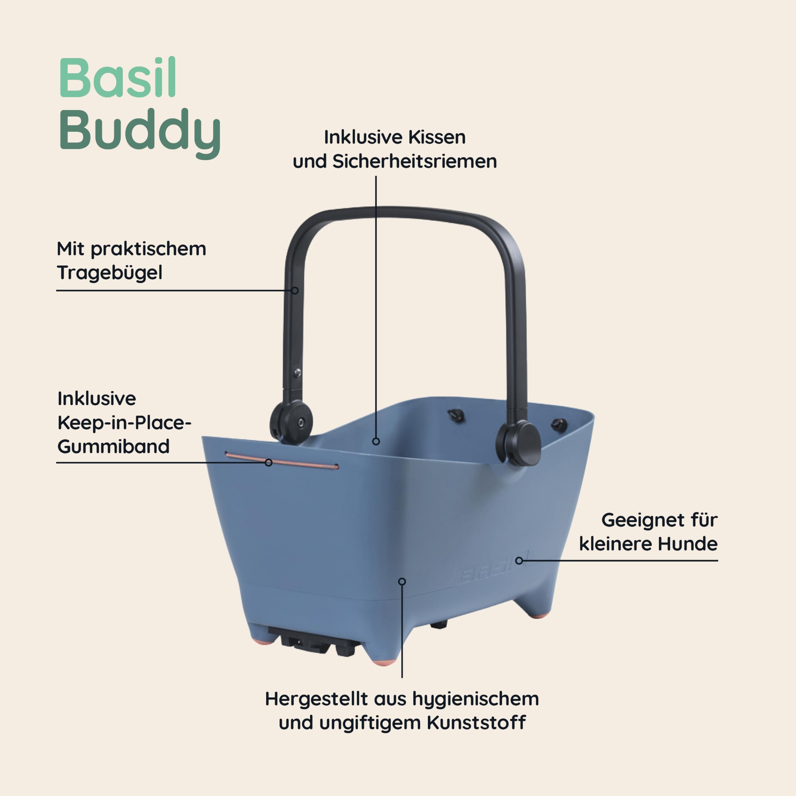 Basil Buddy MIK Panier de vélo pour Chien - 32 l, Bleu, Robuste, avec système MIK verrouillable et Plaque de Transport MIK, Parfait pour Le Transport sûr des Chiens